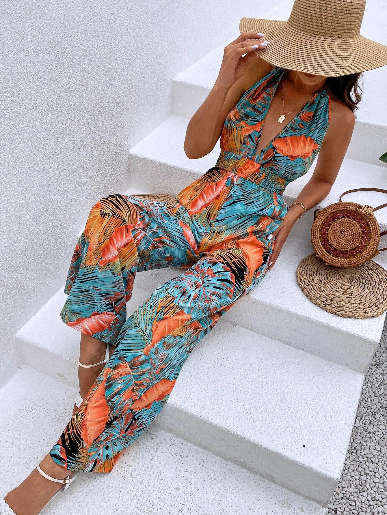 Tropical Print Halter Jumpsuit-Comfy Jumpsuits