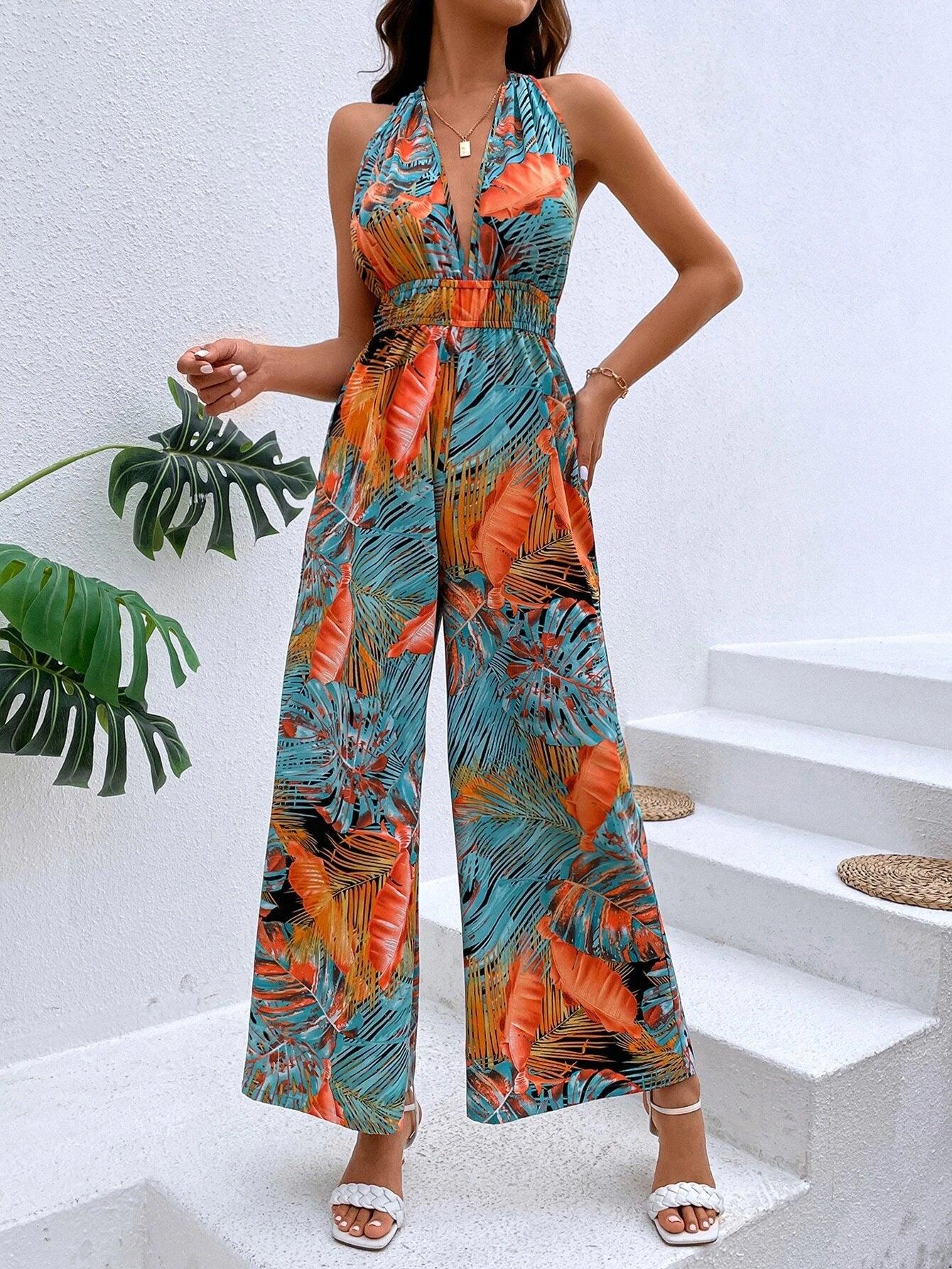 Tropical Print Halter Jumpsuit-Comfy Jumpsuits