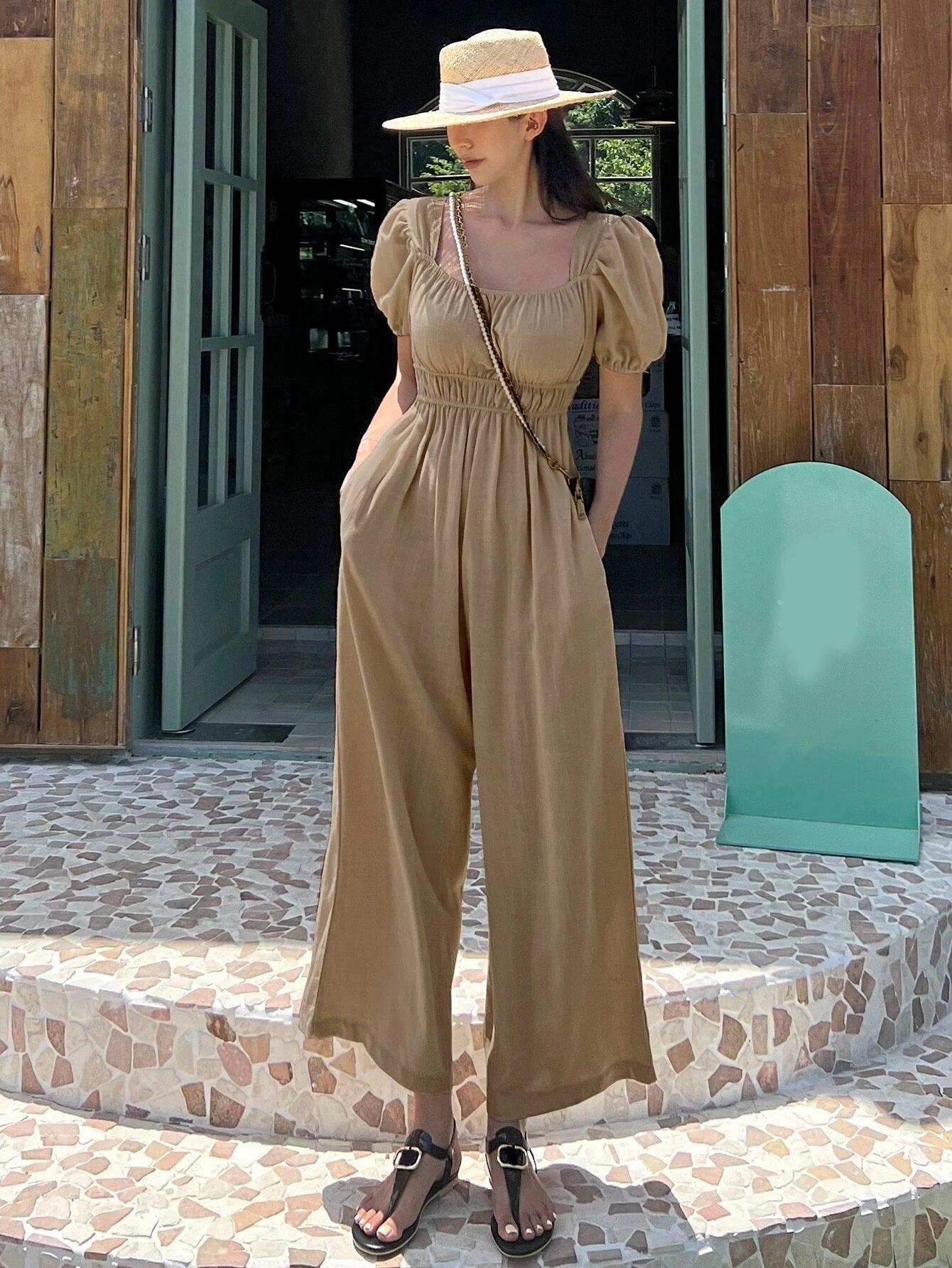 Solid Puff Sleeve Wide Leg Jumpsuit-Comfy Jumpsuits