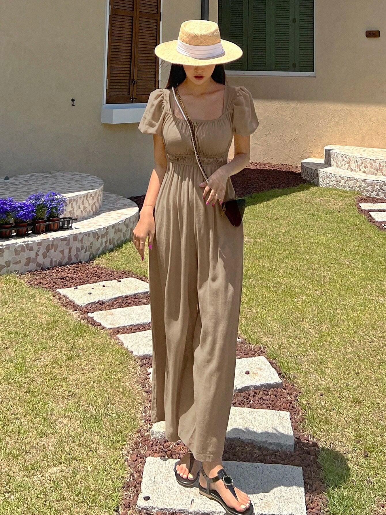 Solid Puff Sleeve Wide Leg Jumpsuit-Comfy Jumpsuits