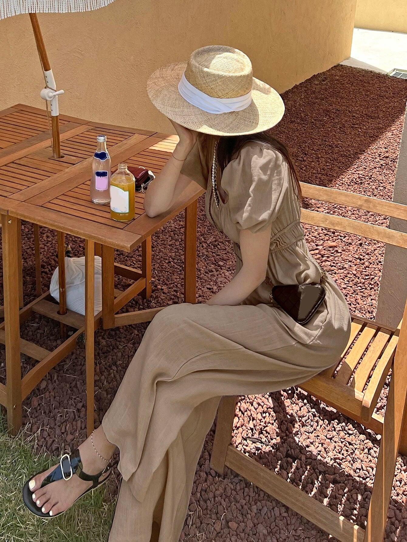 Solid Puff Sleeve Wide Leg Jumpsuit-Comfy Jumpsuits