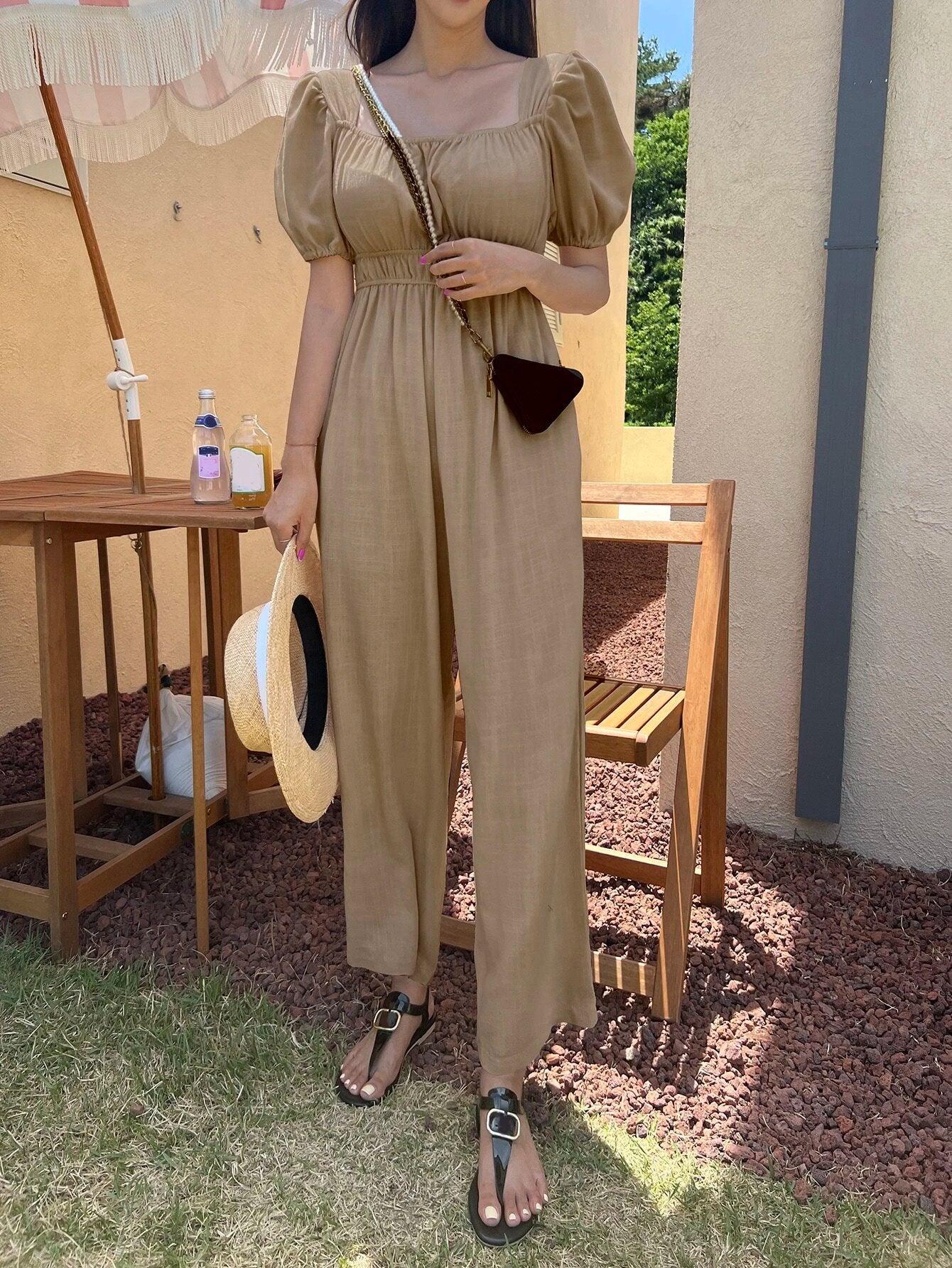 Solid Puff Sleeve Wide Leg Jumpsuit-Comfy Jumpsuits