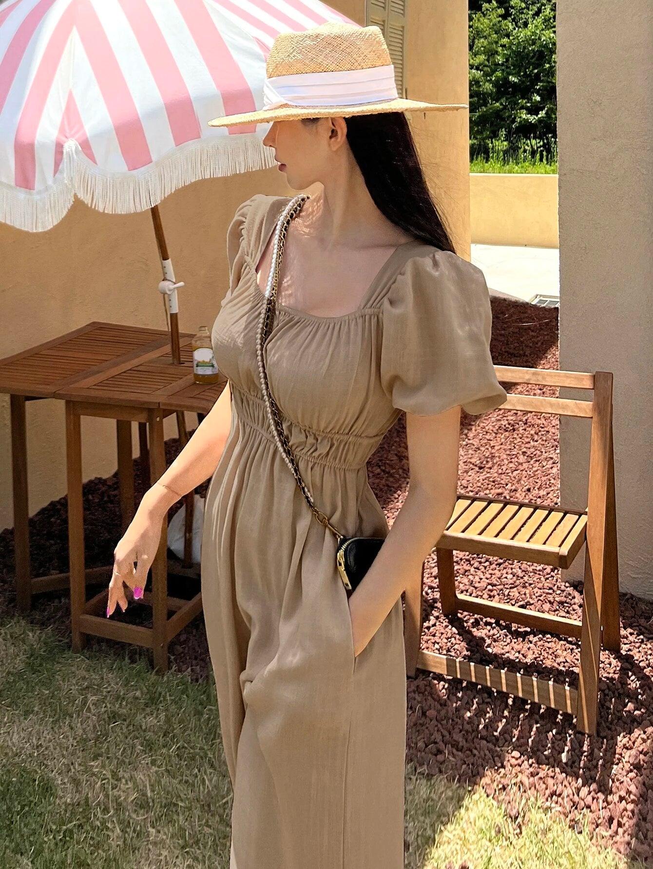 Solid Puff Sleeve Wide Leg Jumpsuit-Comfy Jumpsuits