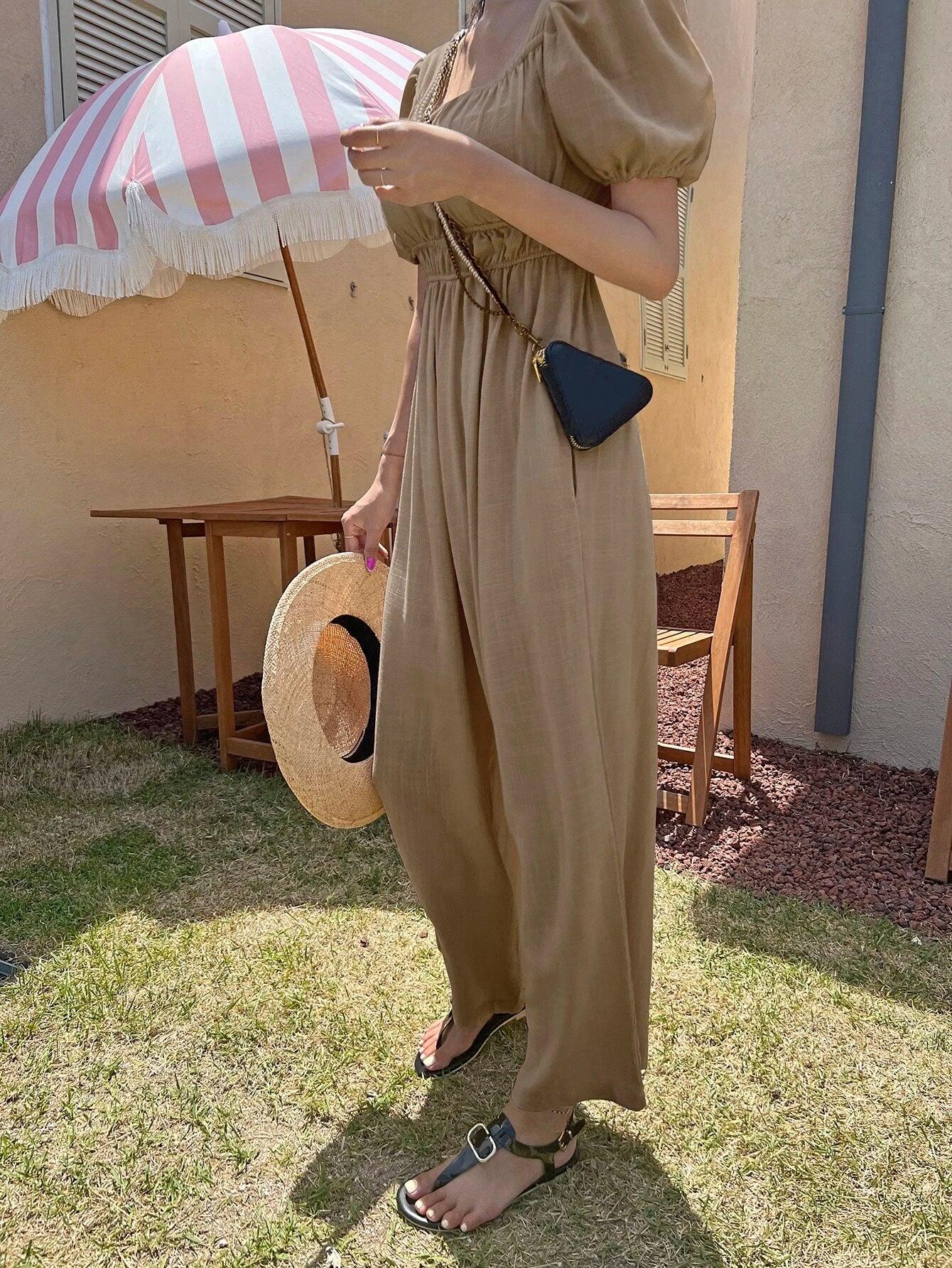Solid Puff Sleeve Wide Leg Jumpsuit-Comfy Jumpsuits