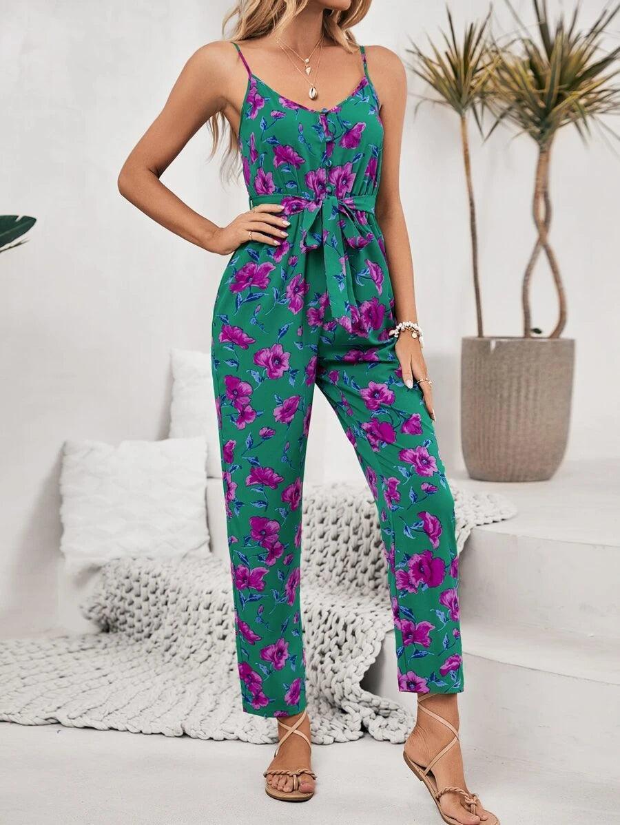Frenchy Floral Print Belted Cami Jumpsuit-Comfy Jumpsuits