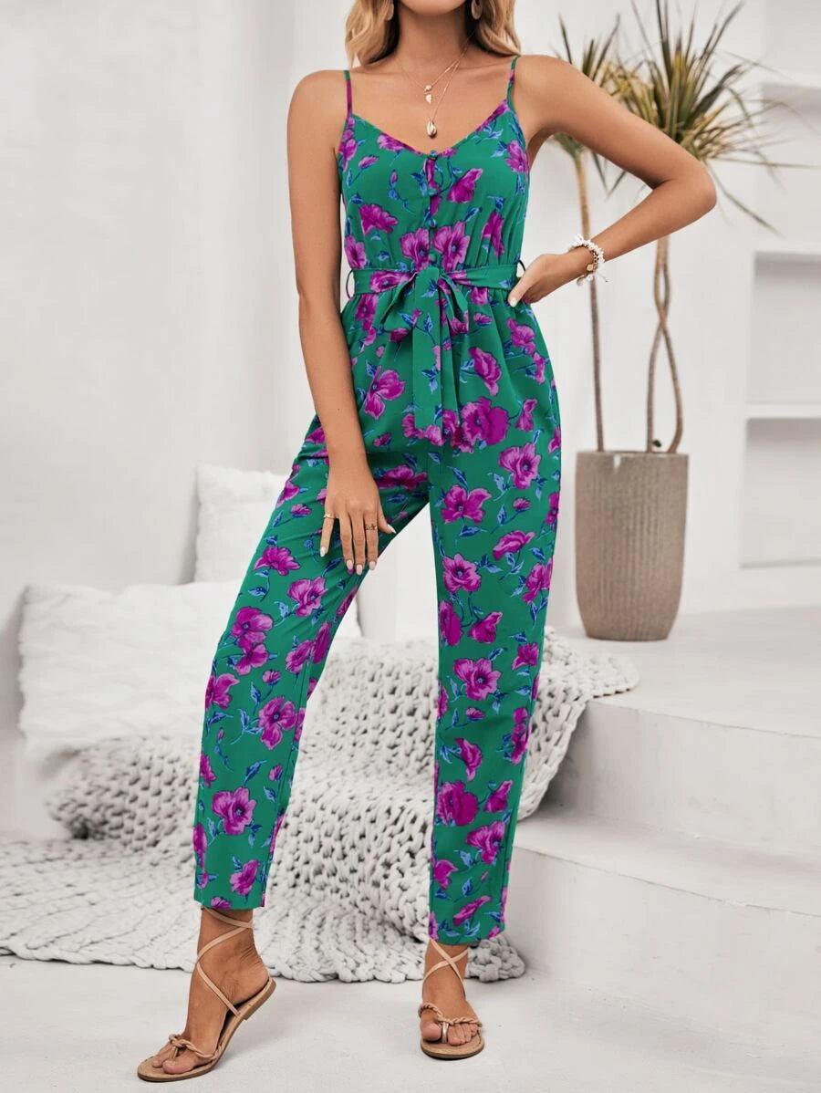 Frenchy Floral Print Belted Cami Jumpsuit-Comfy Jumpsuits