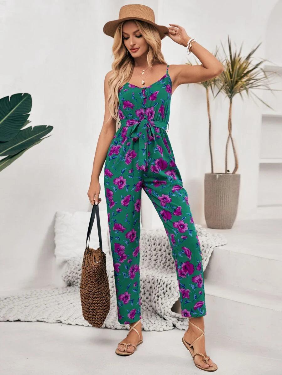 Frenchy Floral Print Belted Cami Jumpsuit-Comfy Jumpsuits