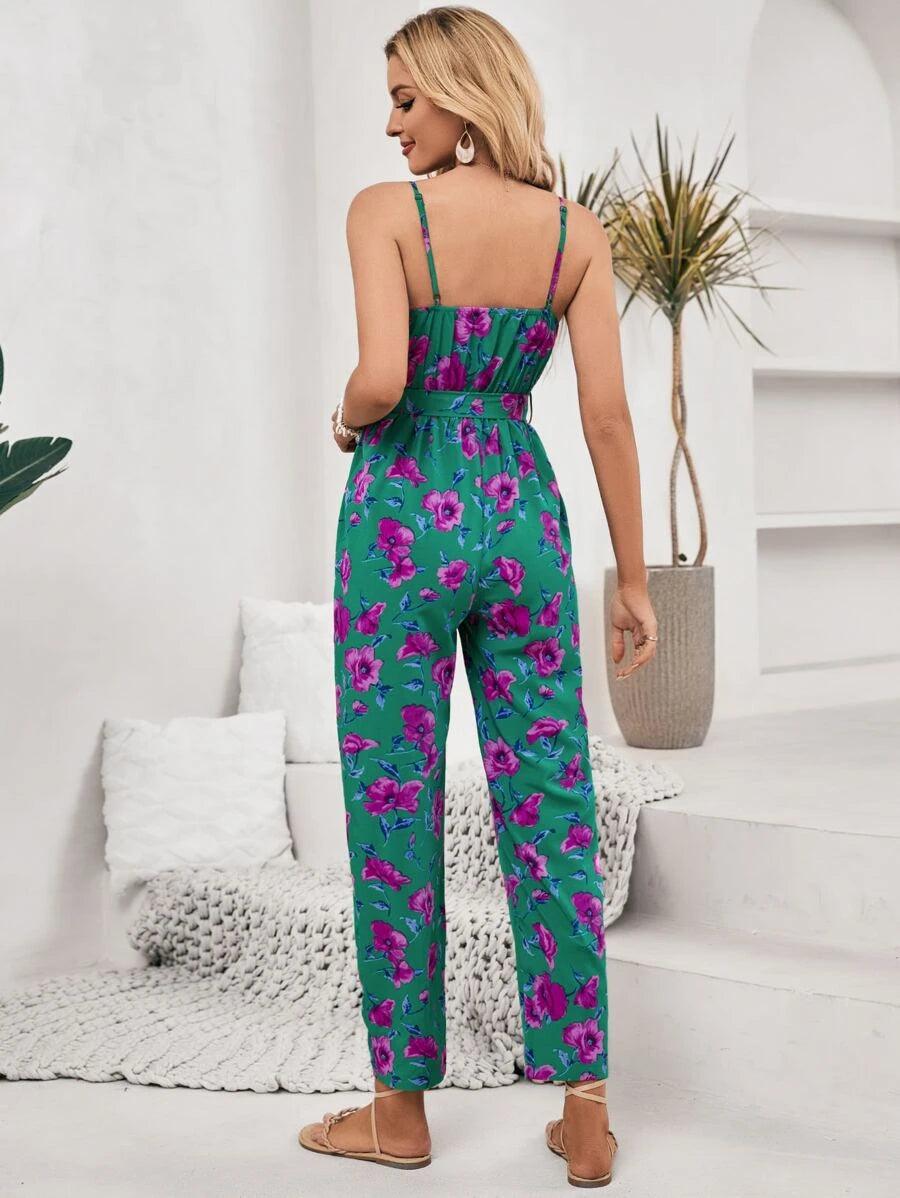 Frenchy Floral Print Belted Cami Jumpsuit-Comfy Jumpsuits