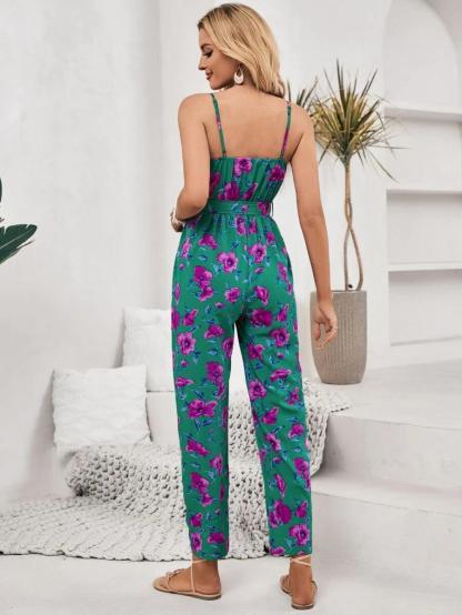 Frenchy Floral Print Belted Cami Jumpsuit-Comfy Jumpsuits