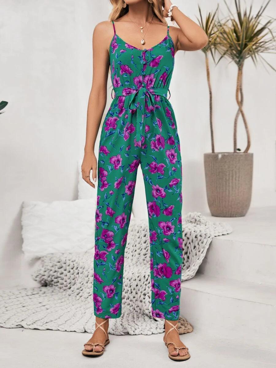Frenchy Floral Print Belted Cami Jumpsuit-Comfy Jumpsuits