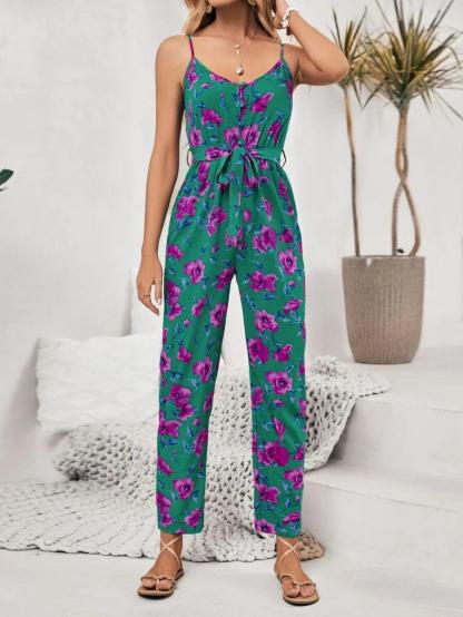 Frenchy Floral Print Belted Cami Jumpsuit-Comfy Jumpsuits