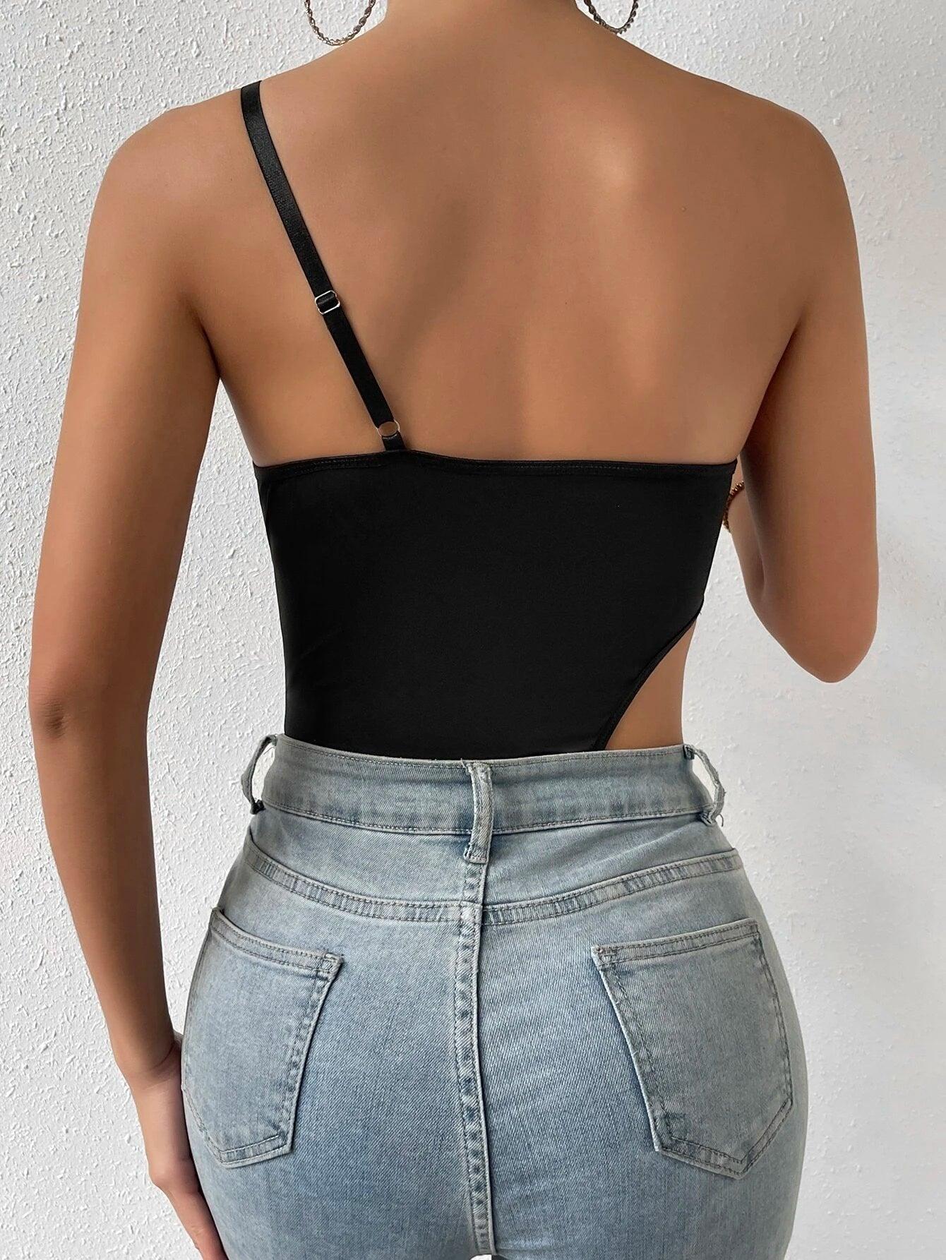 Chained Detail One Shoulder Bodysuit-Comfy Jumpsuits