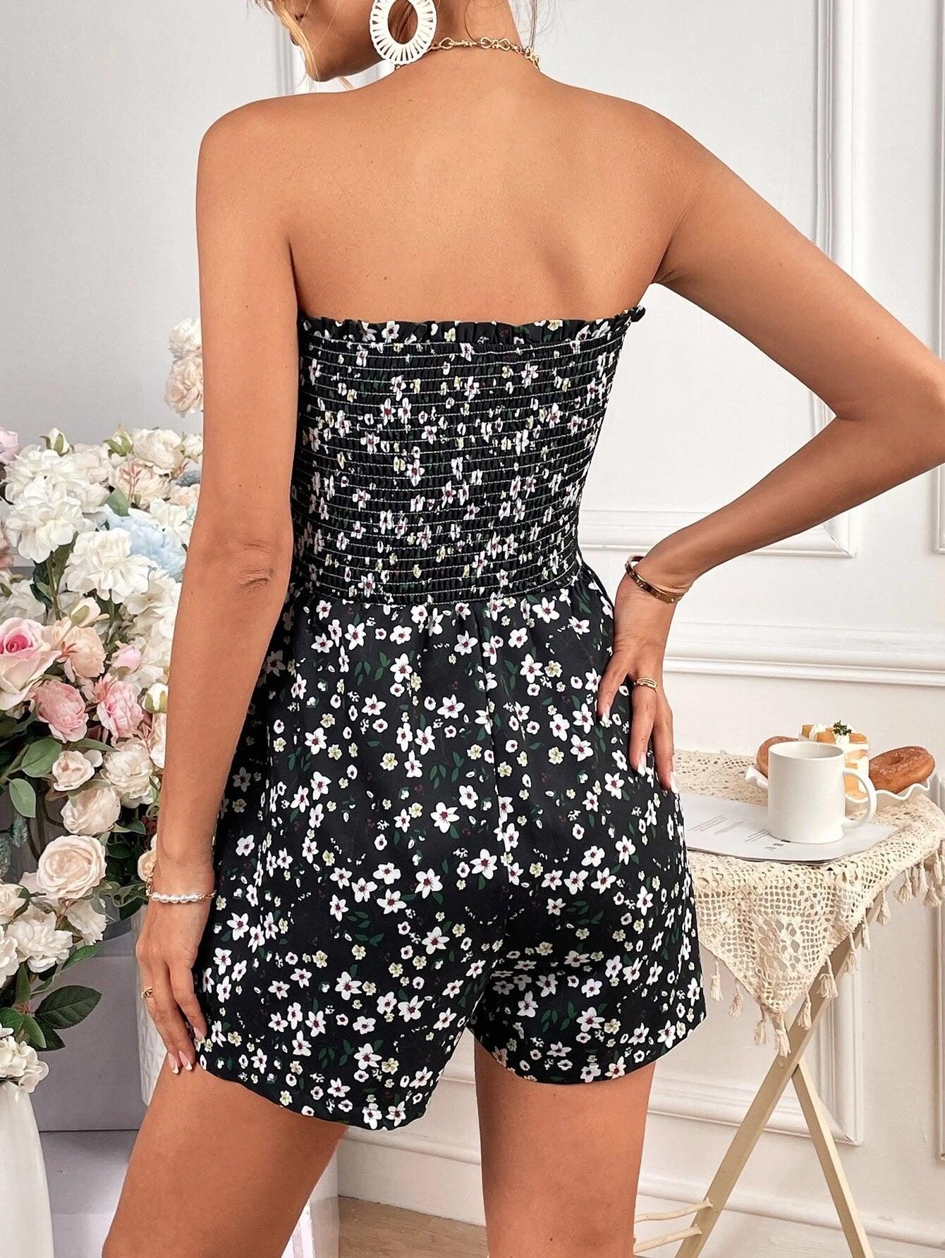 Ditsy Floral Print Tube Romper-Comfy Jumpsuits