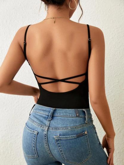Criss Cross Backless Cami Bodysuit-Comfy Jumpsuits