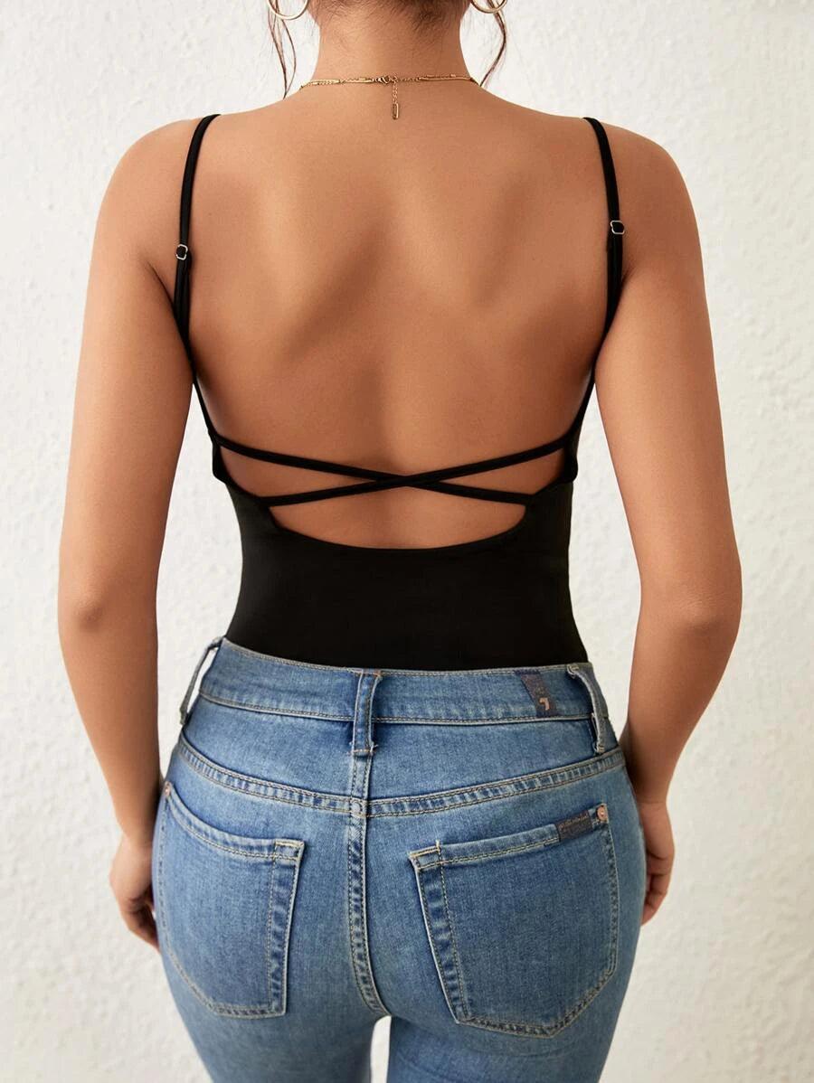 Criss Cross Backless Cami Bodysuit-Comfy Jumpsuits