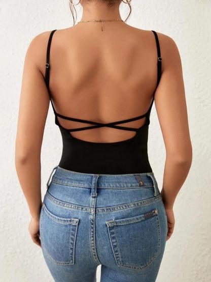 Criss Cross Backless Cami Bodysuit-Comfy Jumpsuits