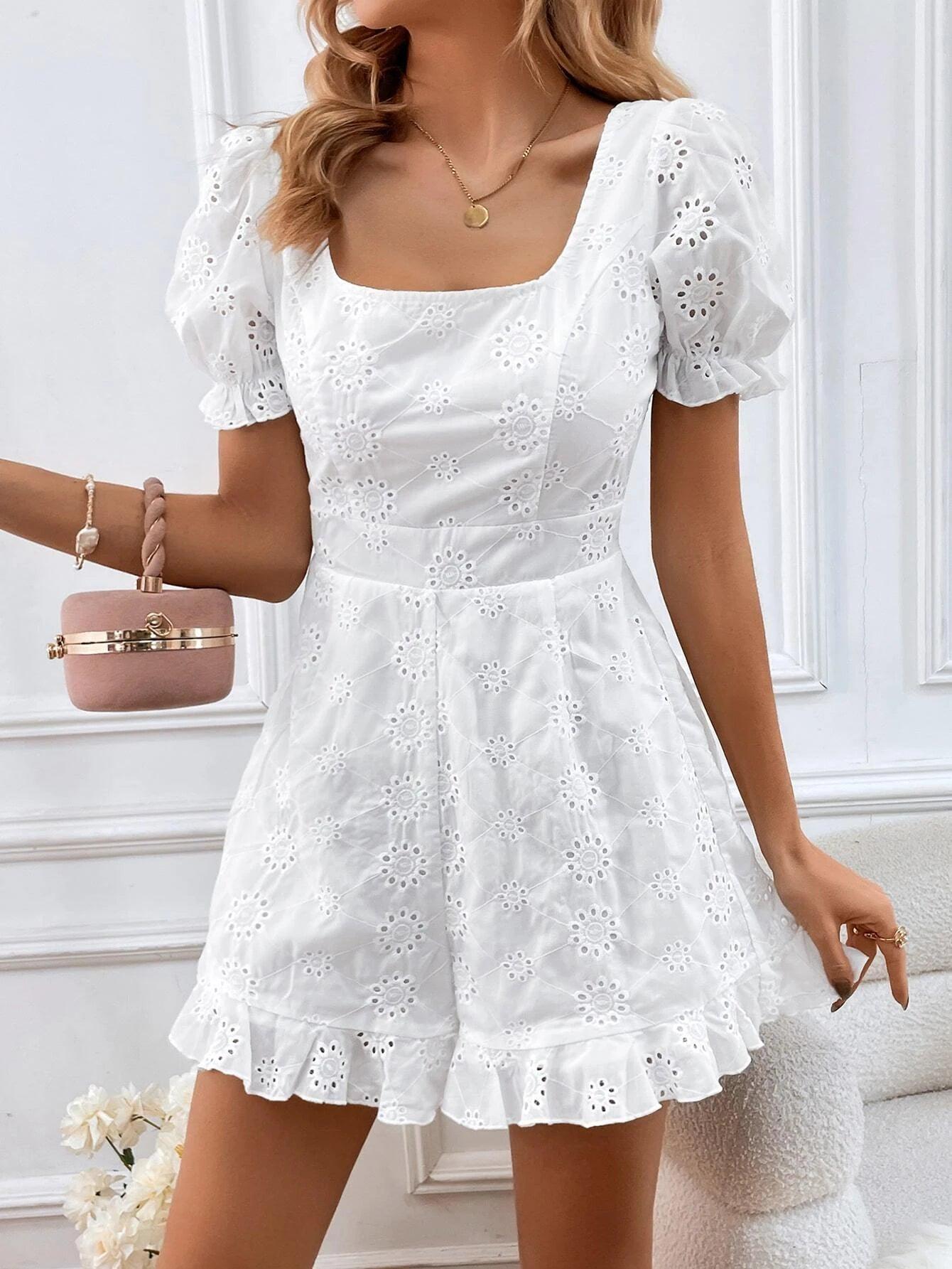 Embroidery Puff Sleeve Ruffle Hem Schiffy Romper-Comfy Jumpsuits