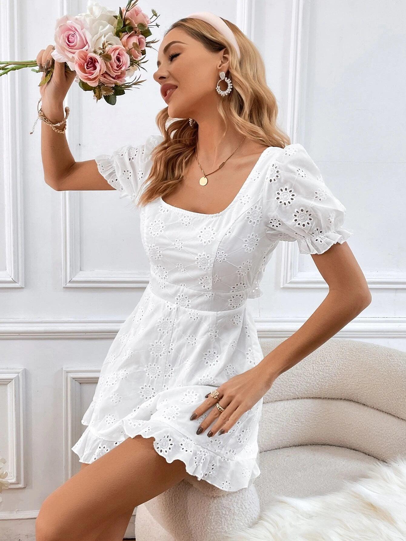 Embroidery Puff Sleeve Ruffle Hem Schiffy Romper-Comfy Jumpsuits