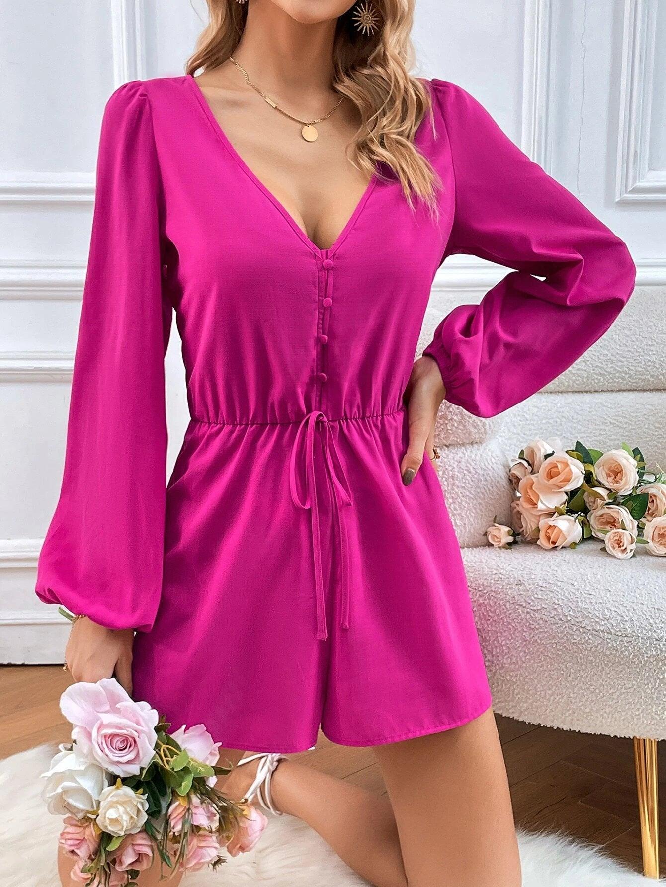 Bishop Sleeve Knot Front Romper-Comfy Jumpsuits