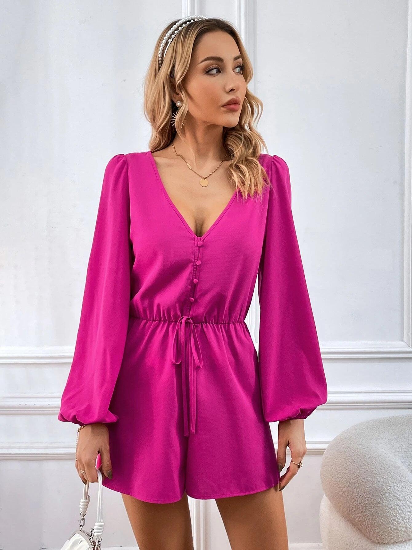 Bishop Sleeve Knot Front Romper-Comfy Jumpsuits