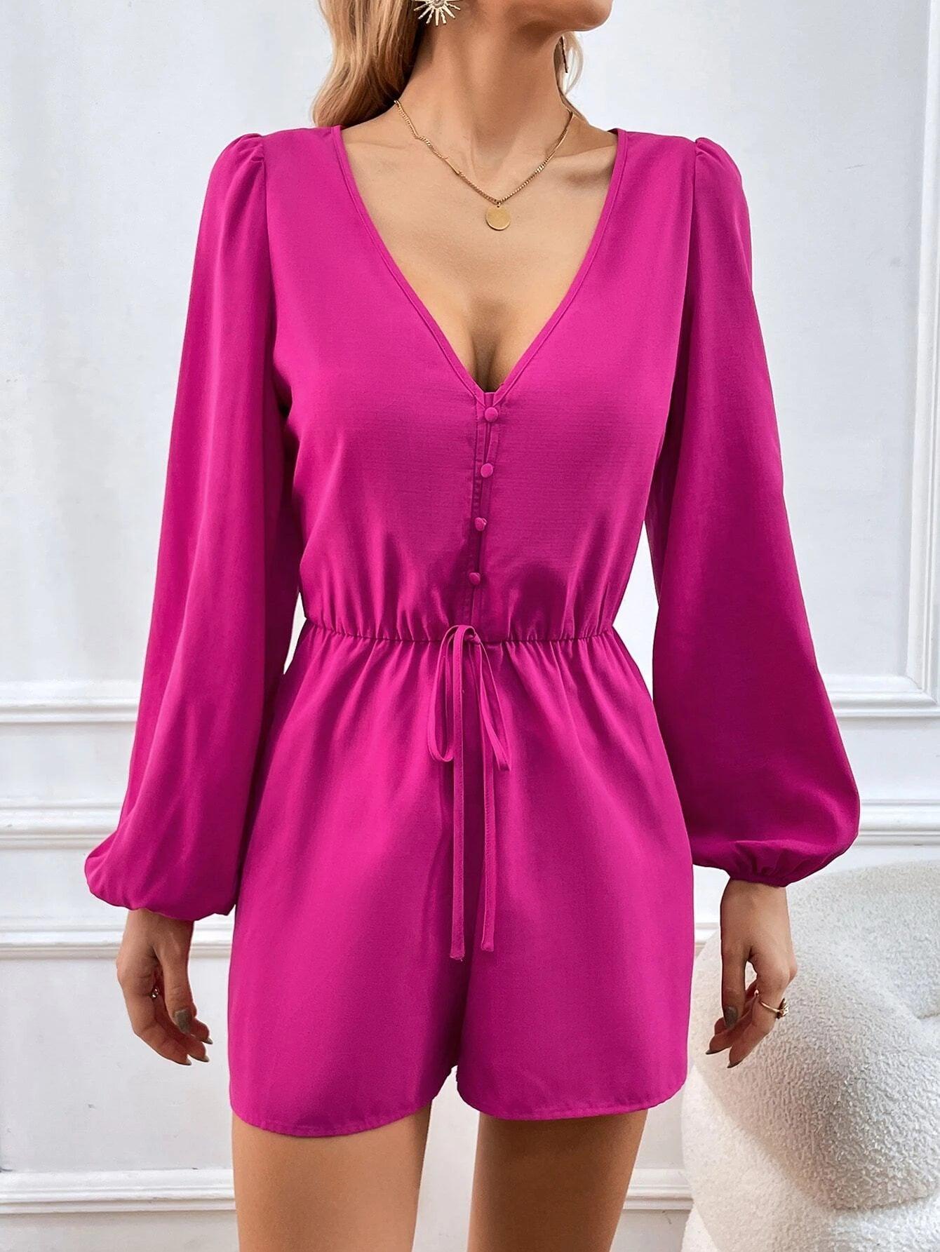 Bishop Sleeve Knot Front Romper-Comfy Jumpsuits