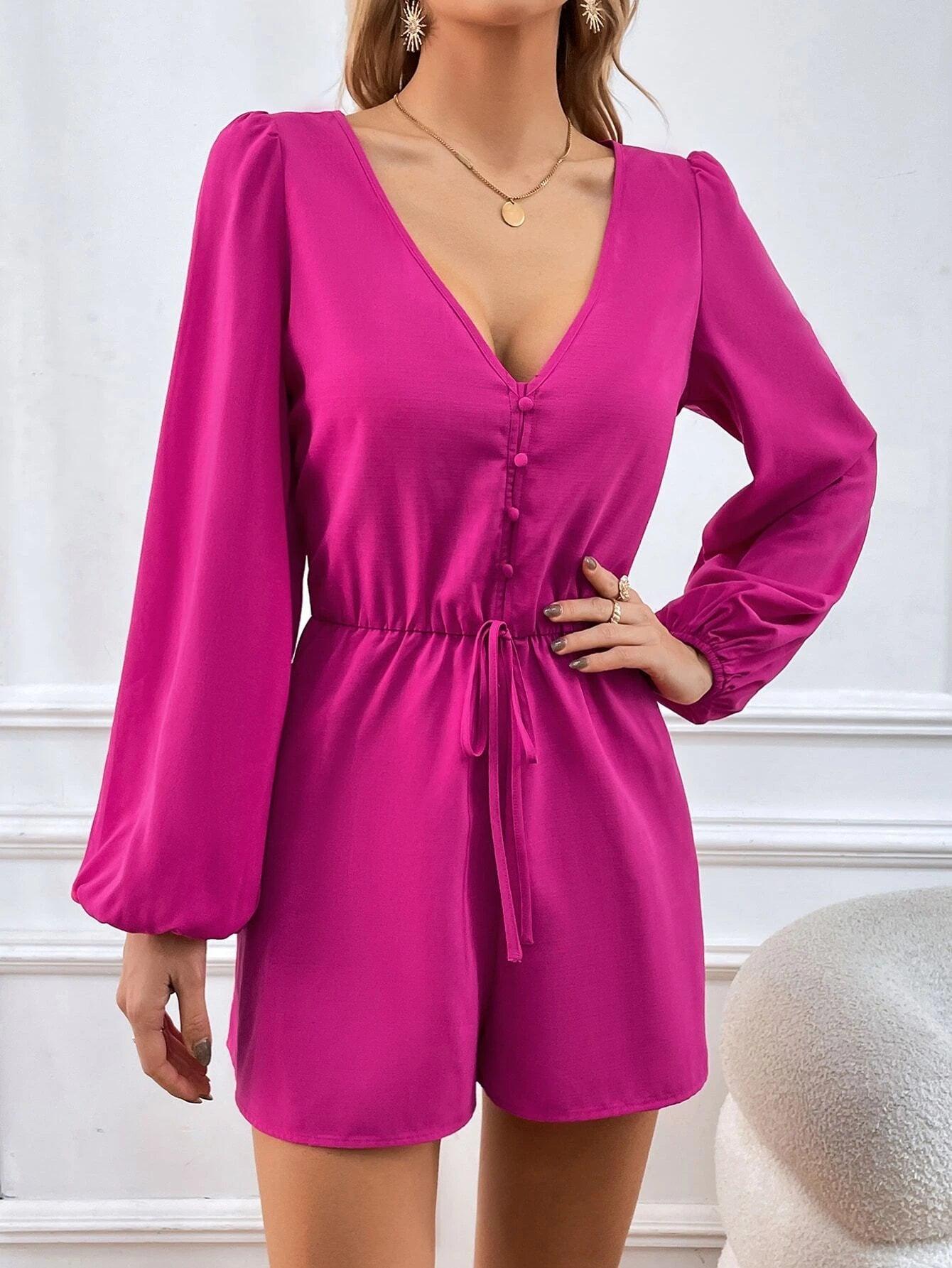 Bishop Sleeve Knot Front Romper-Comfy Jumpsuits