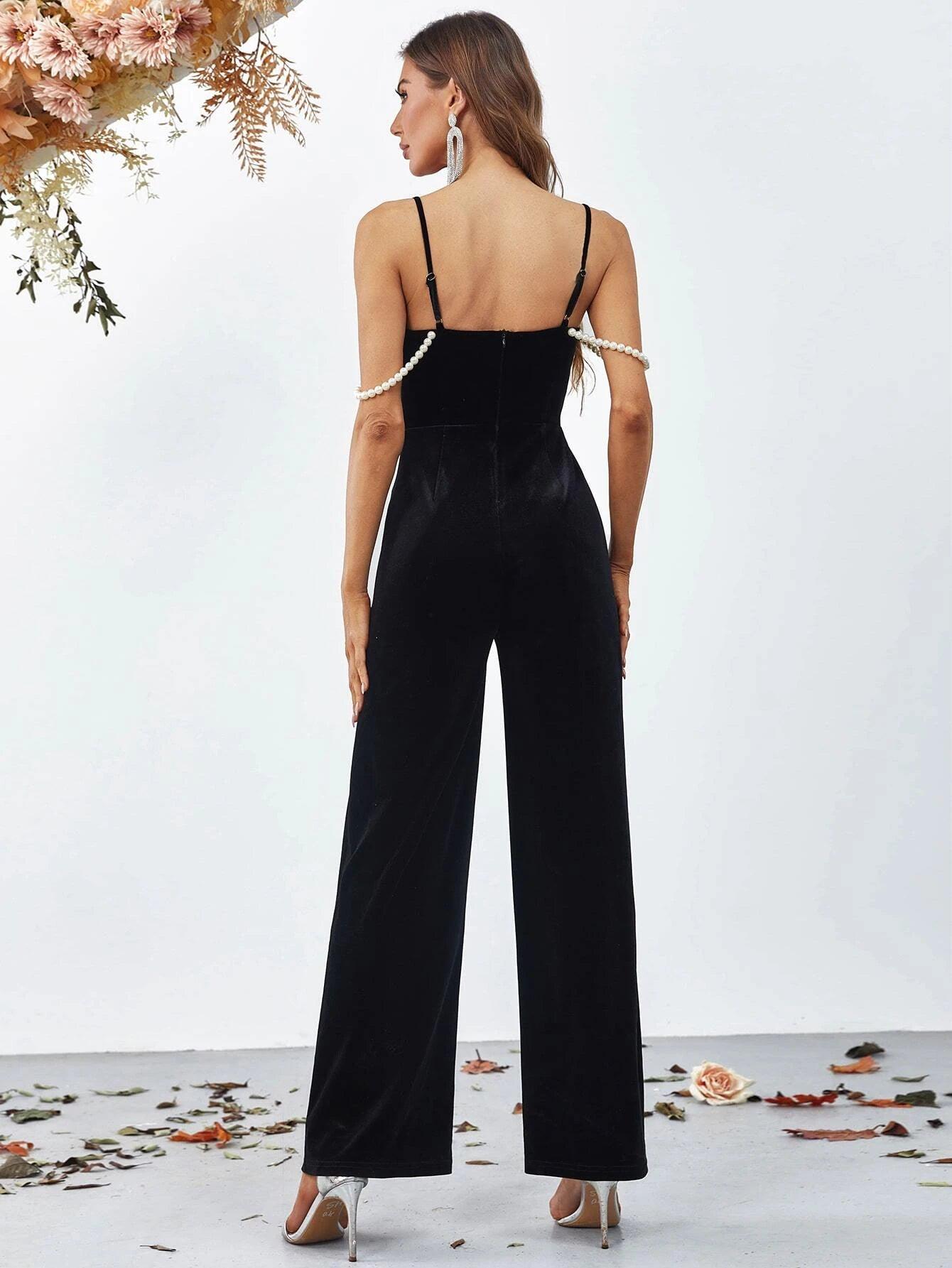 Pearls Beaded Detail Velvet Cami Jumpsuit-Comfy Jumpsuits