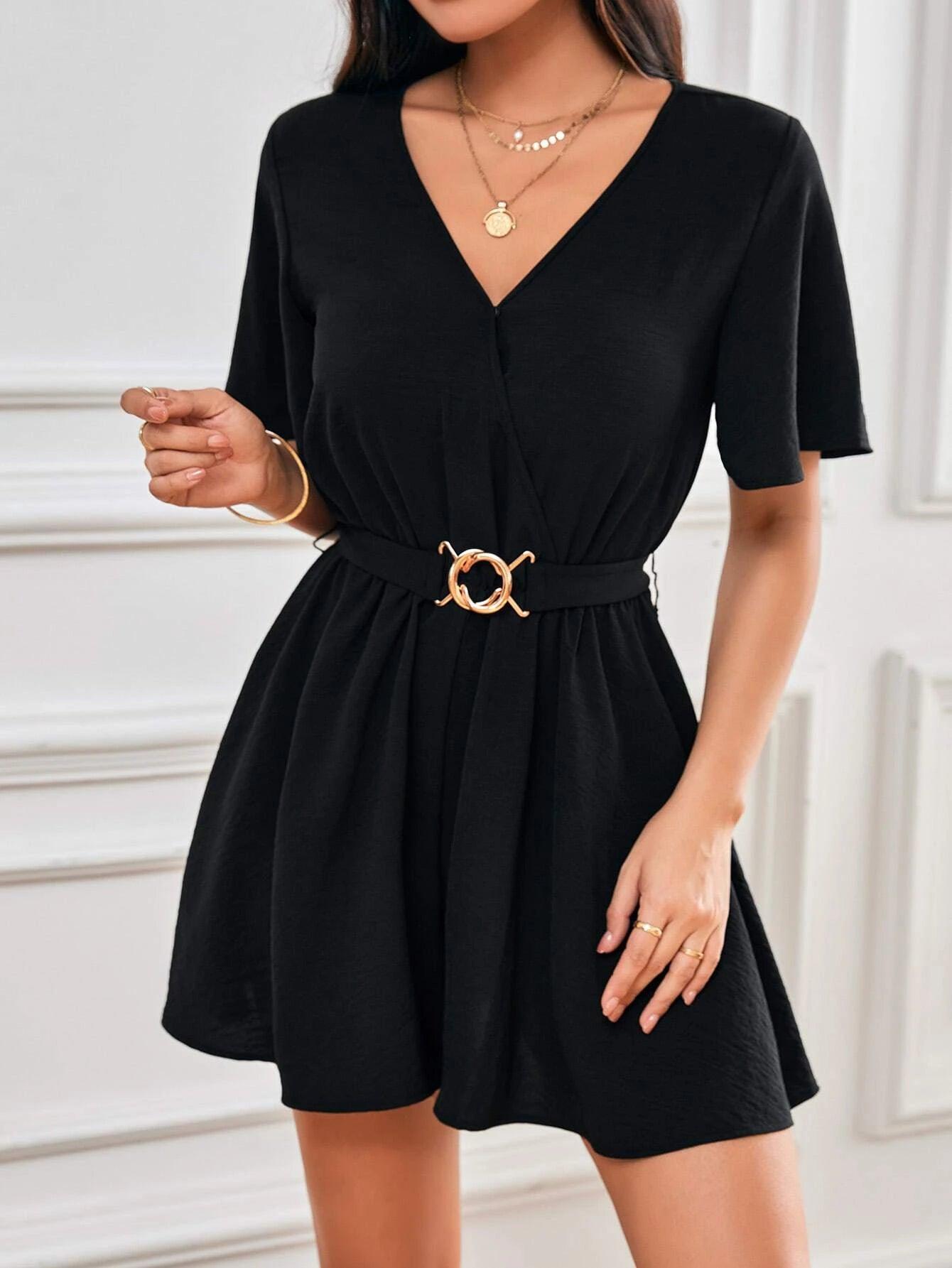 Solid Colored V Neck Belted Romper-Comfy Jumpsuits