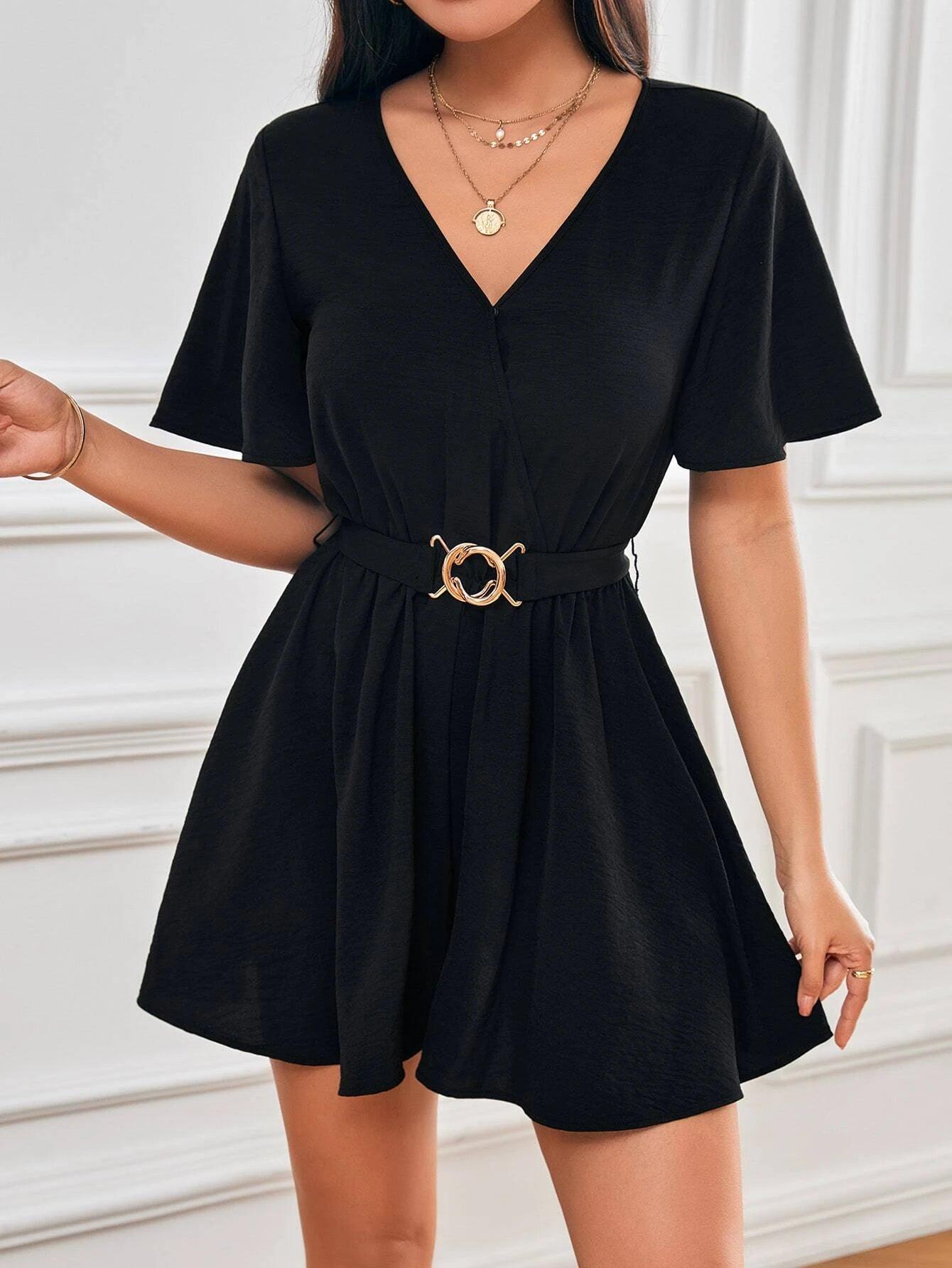 Solid Colored V Neck Belted Romper-Comfy Jumpsuits