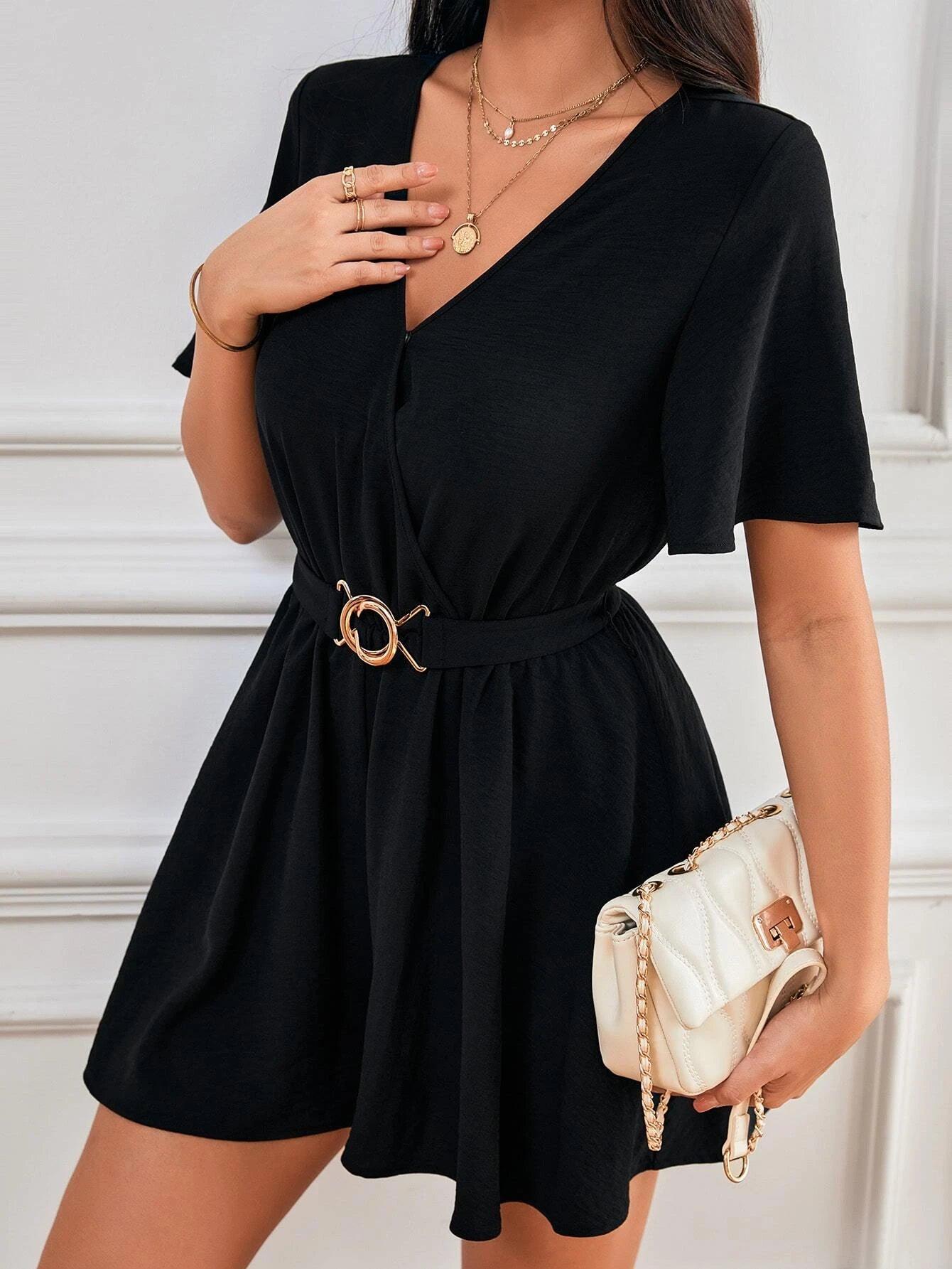 Solid Colored V Neck Belted Romper-Comfy Jumpsuits