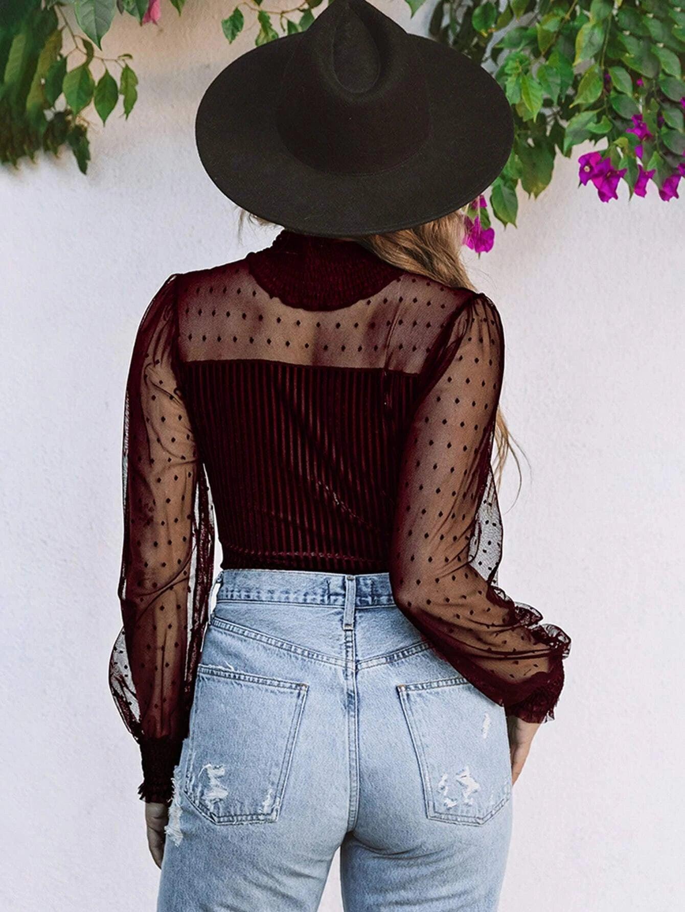 Contrast Mesh Mock Neck Bodysuit-Comfy Jumpsuits