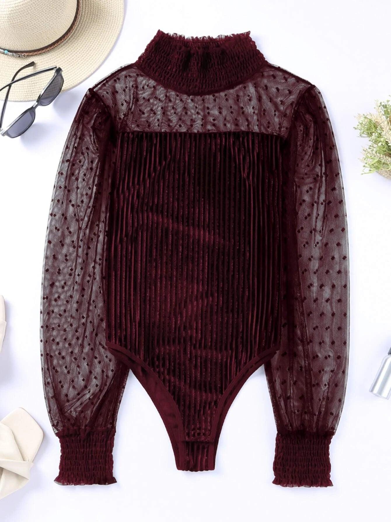 Contrast Mesh Mock Neck Bodysuit-Comfy Jumpsuits