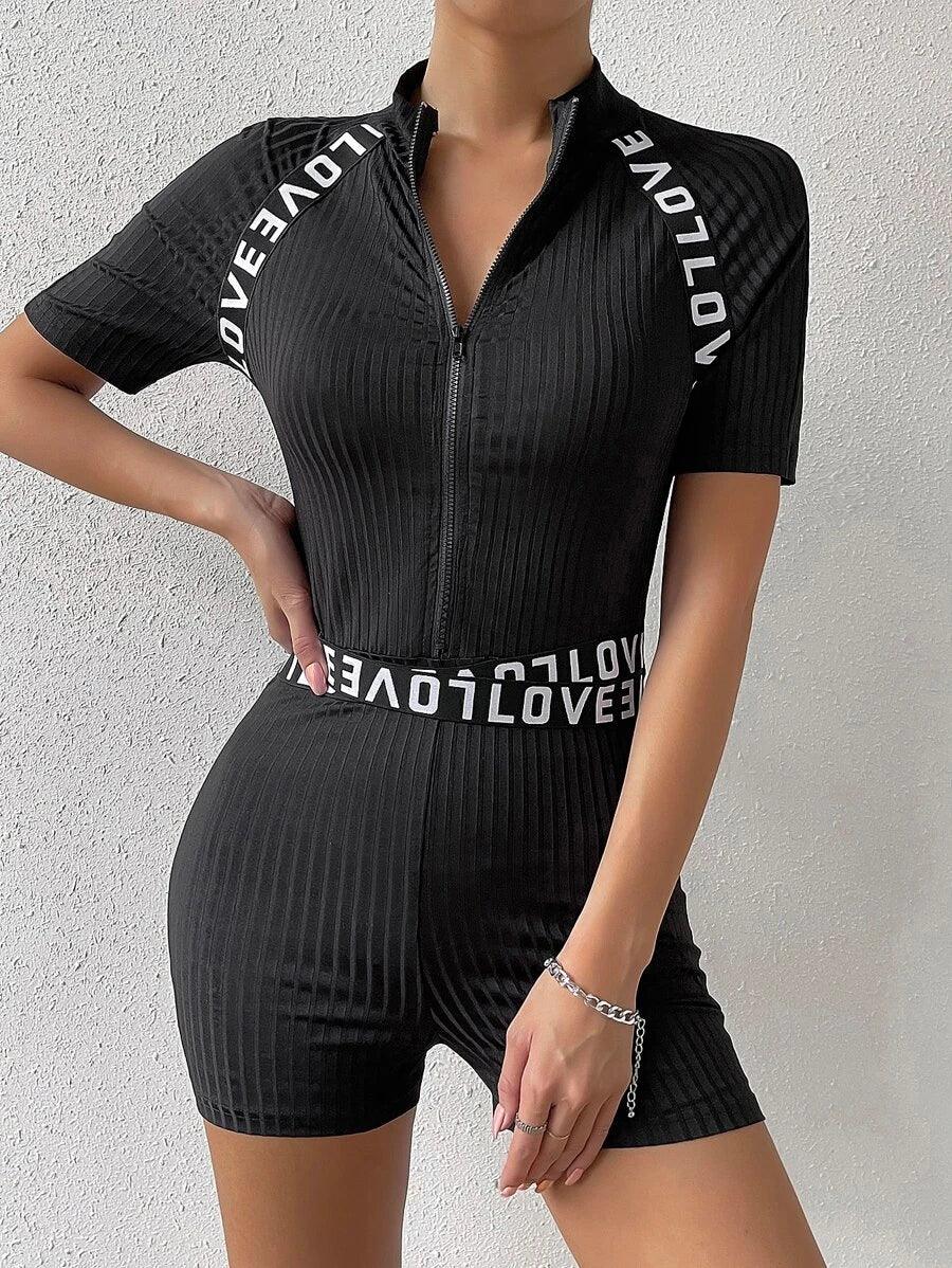 Letter Graphic Zip Up Ribbed Knit Unitard Romper-Comfy Jumpsuits