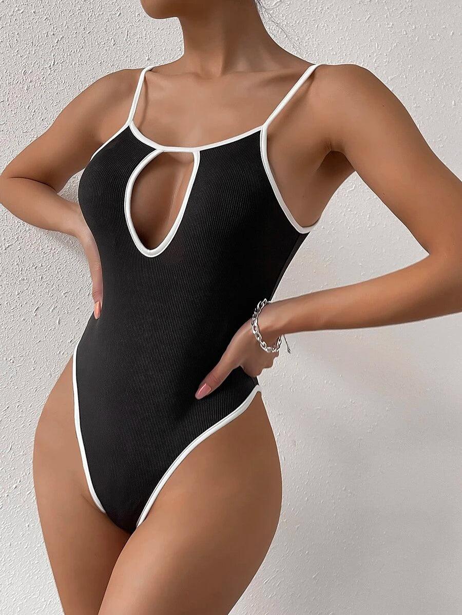 Contrast Binding Cut Out Cami Bodysuit-Comfy Jumpsuits