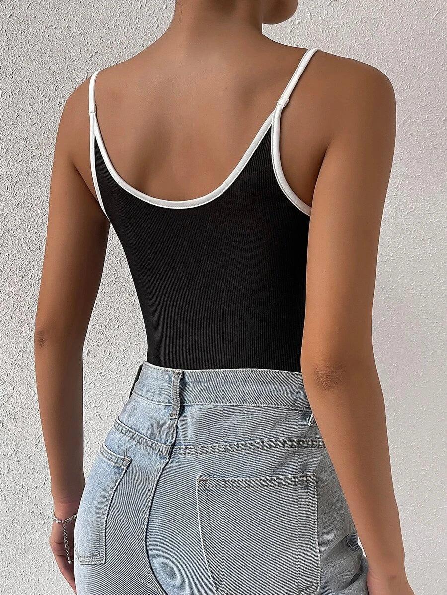 Contrast Binding Cut Out Cami Bodysuit-Comfy Jumpsuits