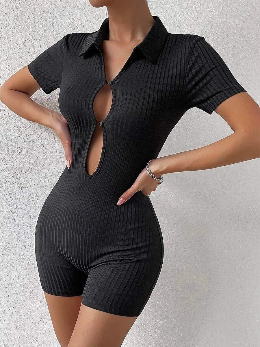 Cut Out Front Ribbed Knit Unitard Romper-Comfy Jumpsuits