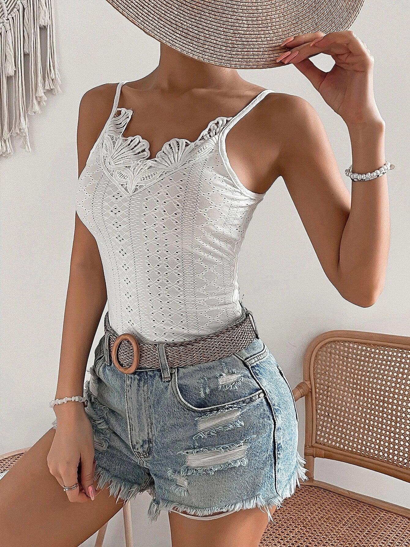 Guipure Lace Trim Cami Bodysuit-Comfy Jumpsuits