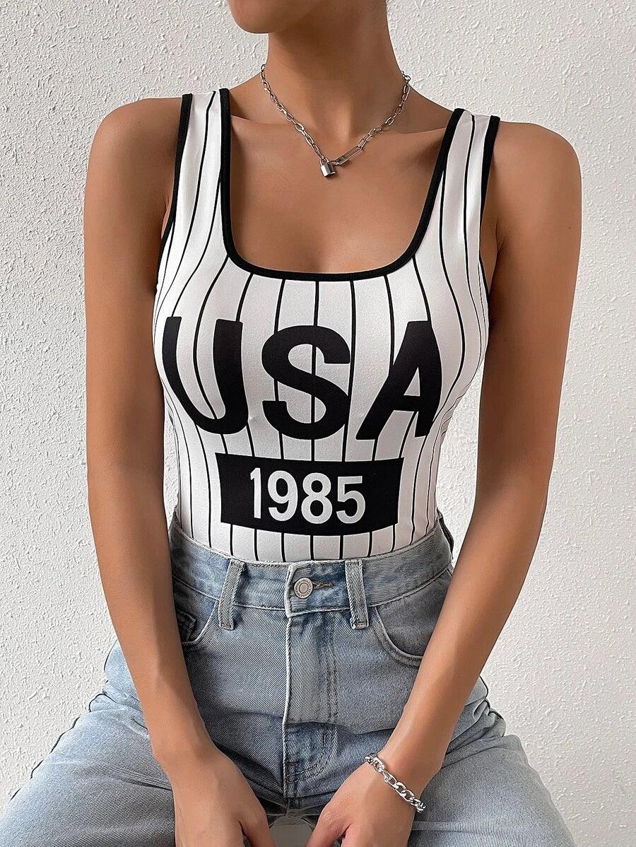 Striped And Letter Graphic Tank Bodysuit-Comfy Jumpsuits