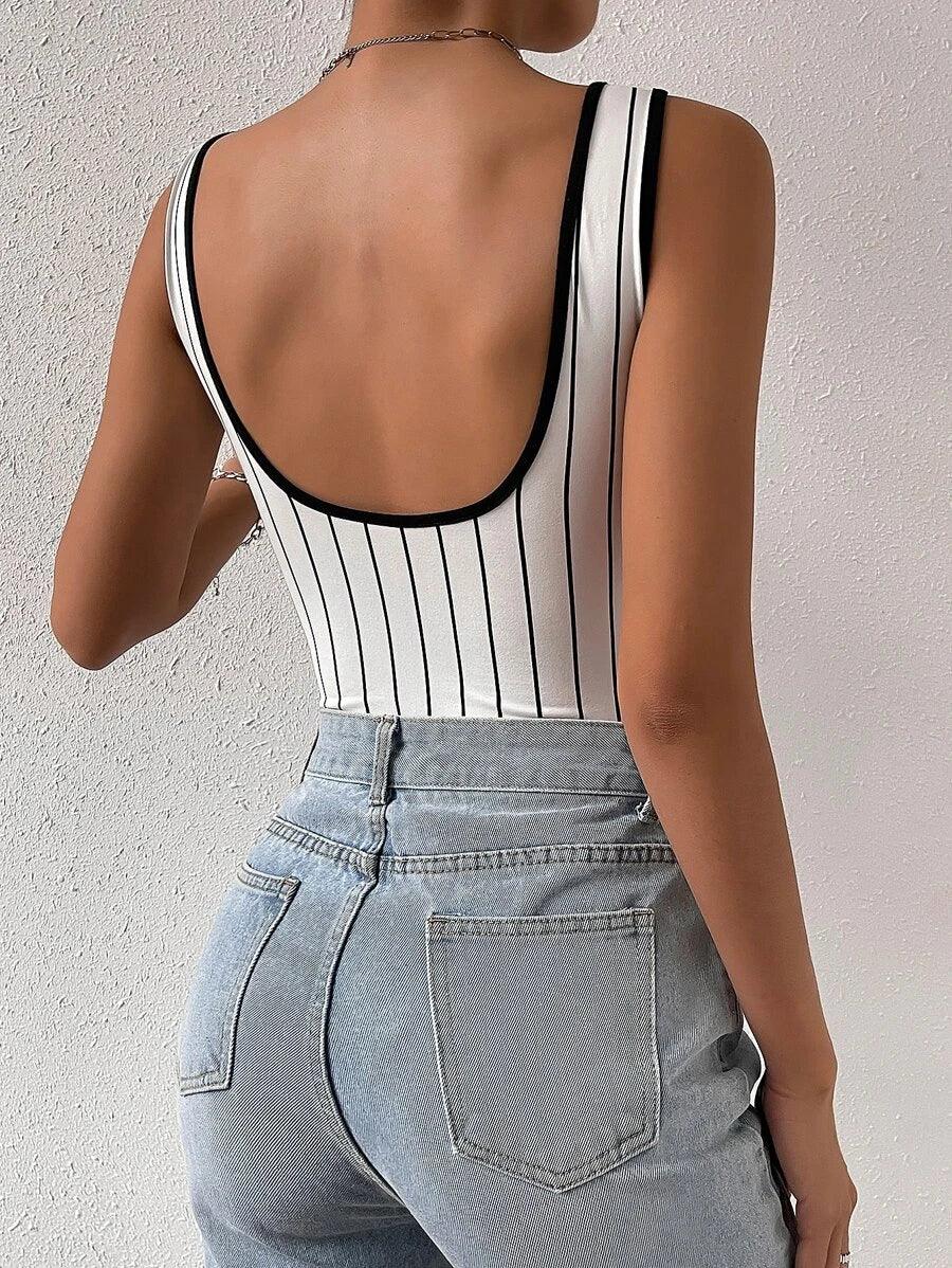 Striped And Letter Graphic Tank Bodysuit-Comfy Jumpsuits
