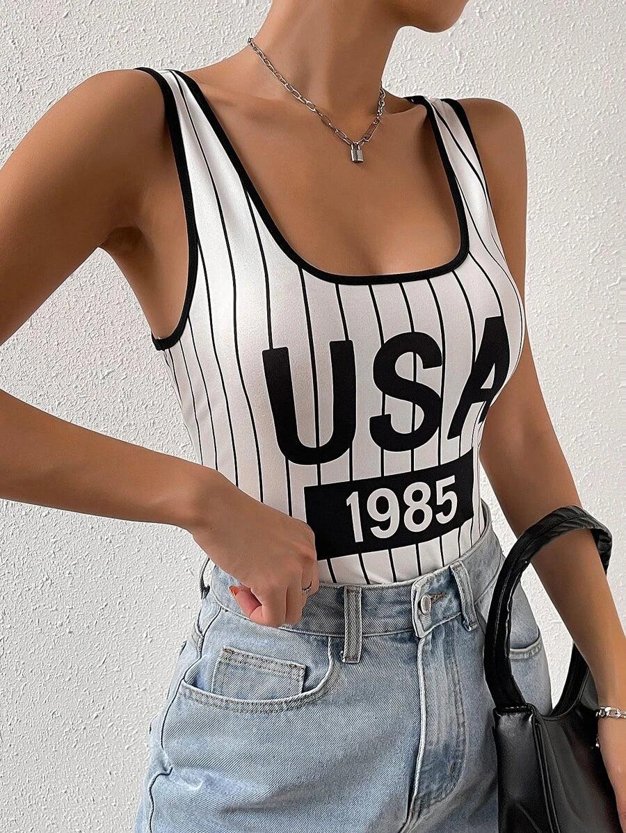 Striped And Letter Graphic Tank Bodysuit-Comfy Jumpsuits