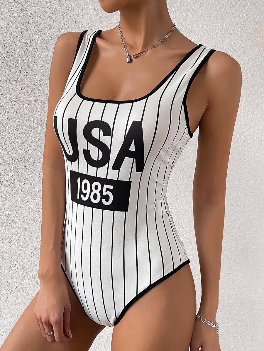 Striped And Letter Graphic Tank Bodysuit-Comfy Jumpsuits