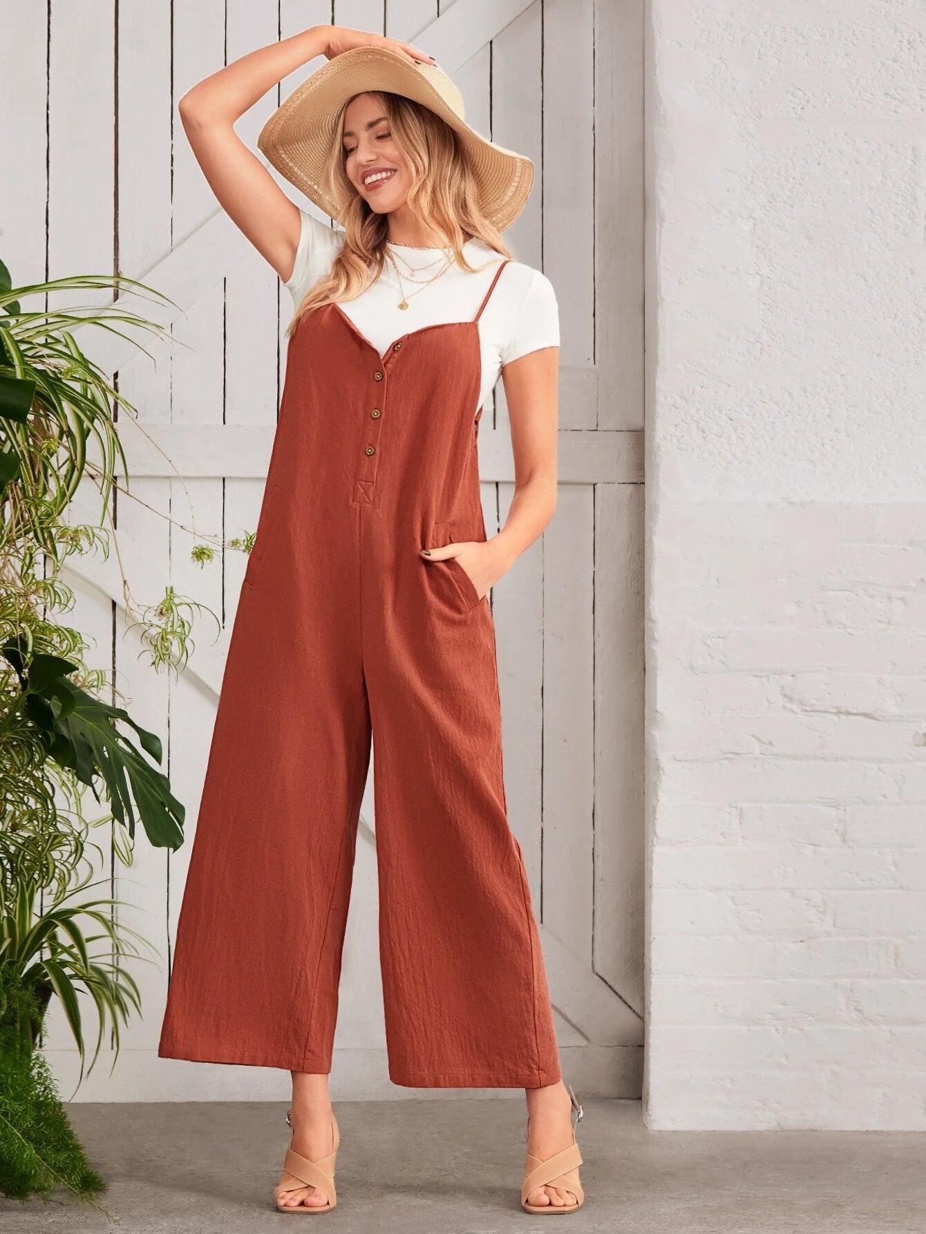 Button Front Wide Leg Cami Jumpsuit Without Tee-Comfy Jumpsuits