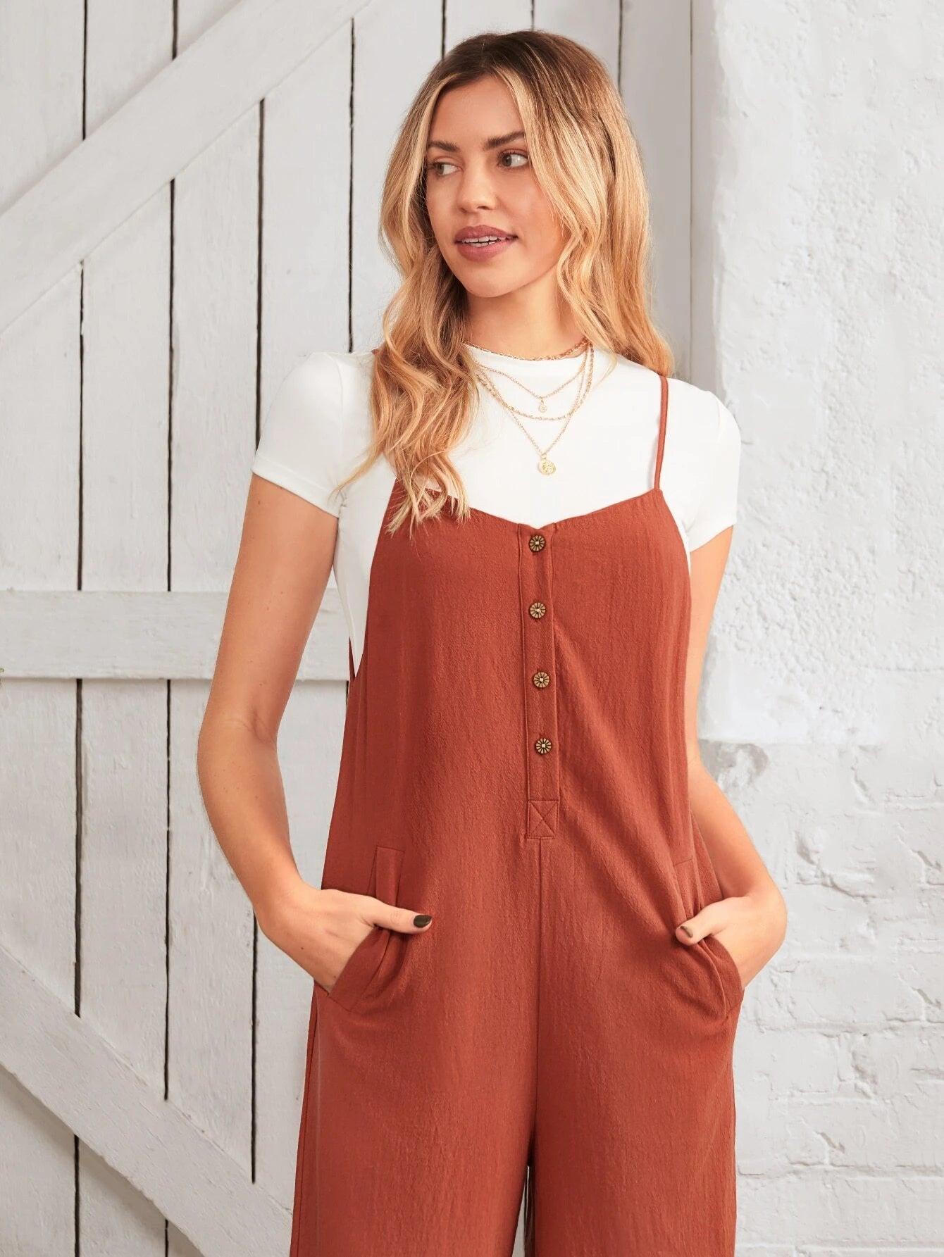 Button Front Wide Leg Cami Jumpsuit Without Tee-Comfy Jumpsuits