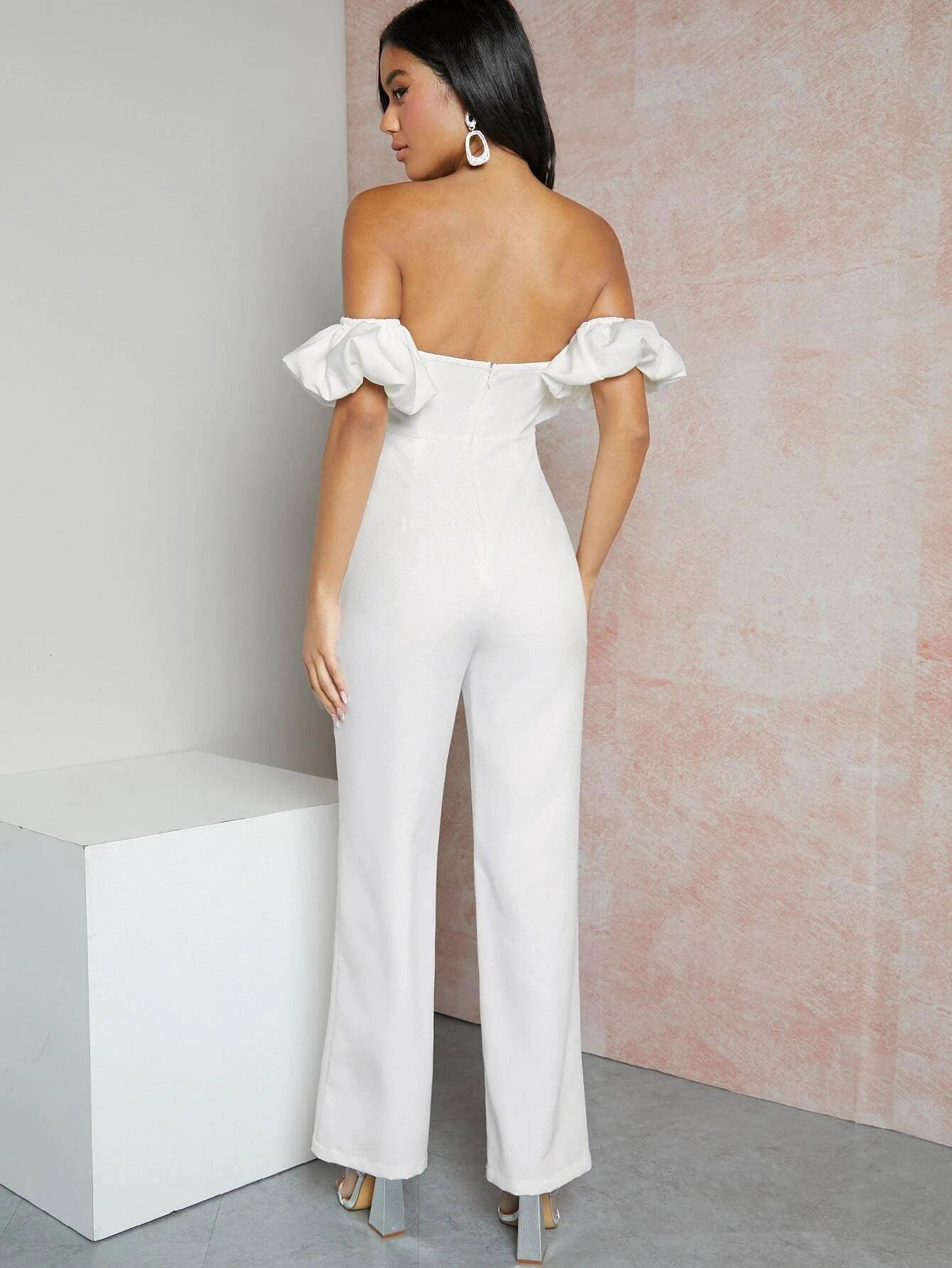 Mellow Off Shoulder Backless Solid Jumpsuit-Comfy Jumpsuits