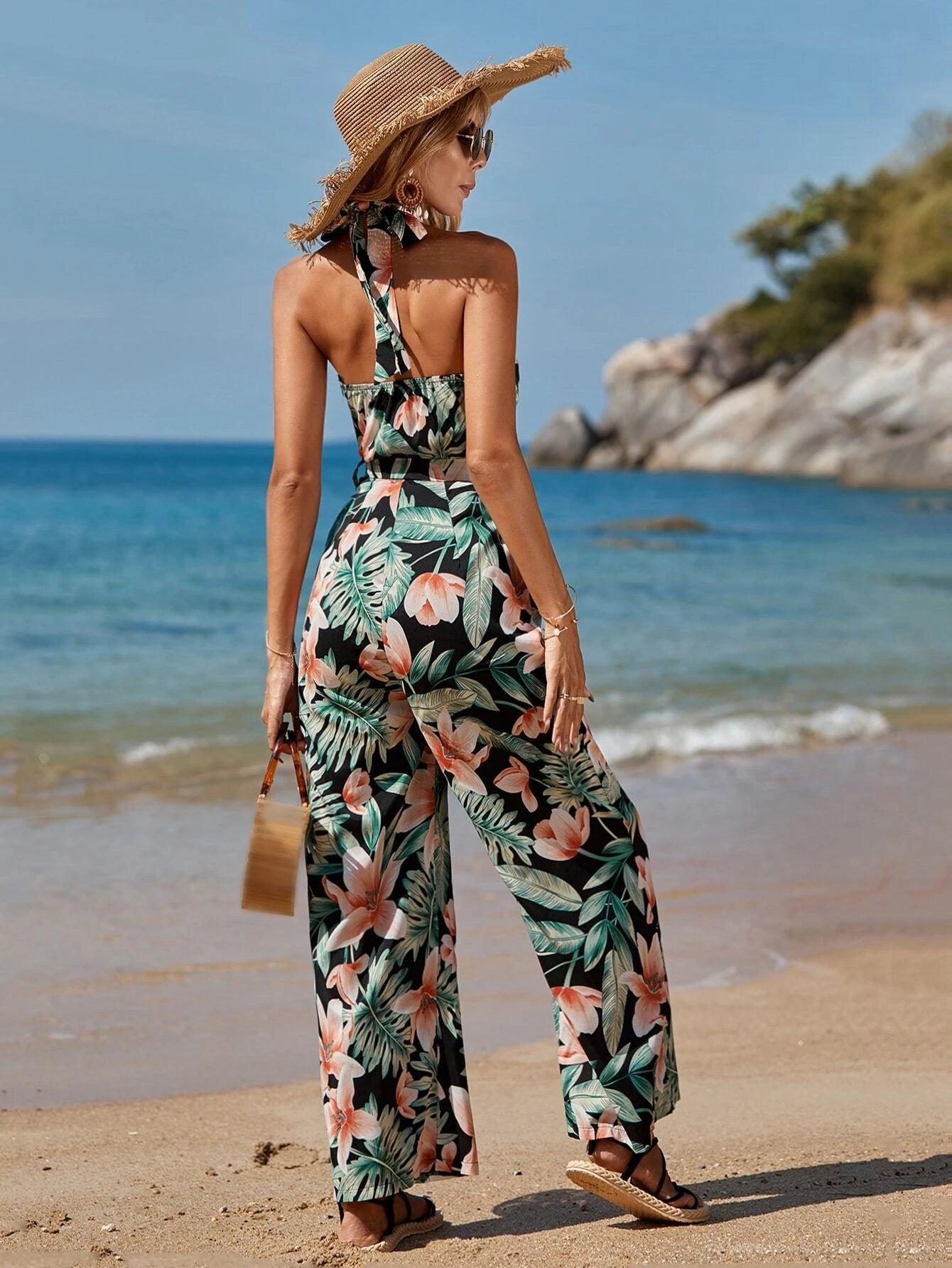 Tropical Print Belted Halter Neck Backless Jumpsuit-Comfy Jumpsuits