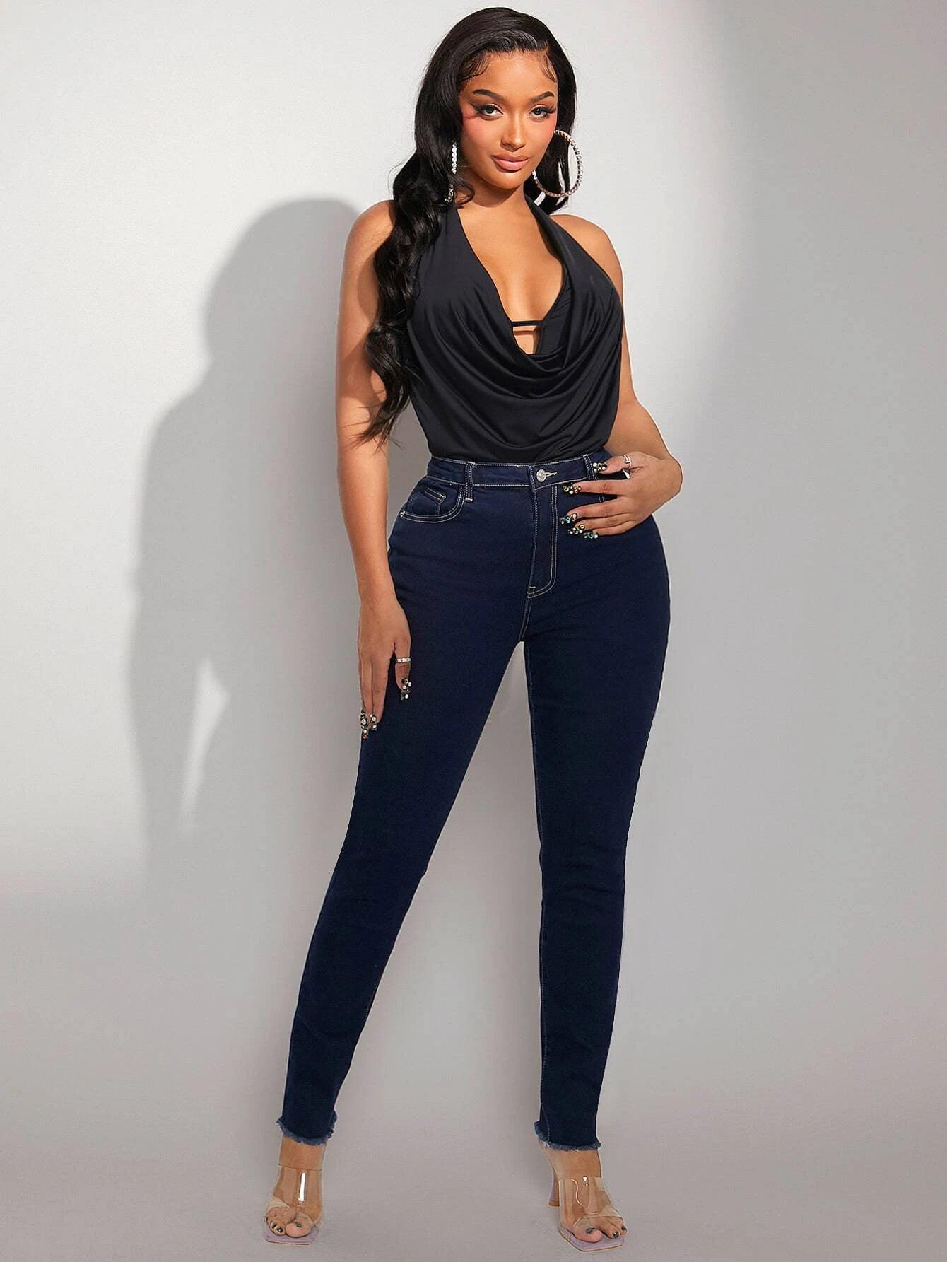 Draped Front Halter Neckline Bodysuit-Comfy Jumpsuits