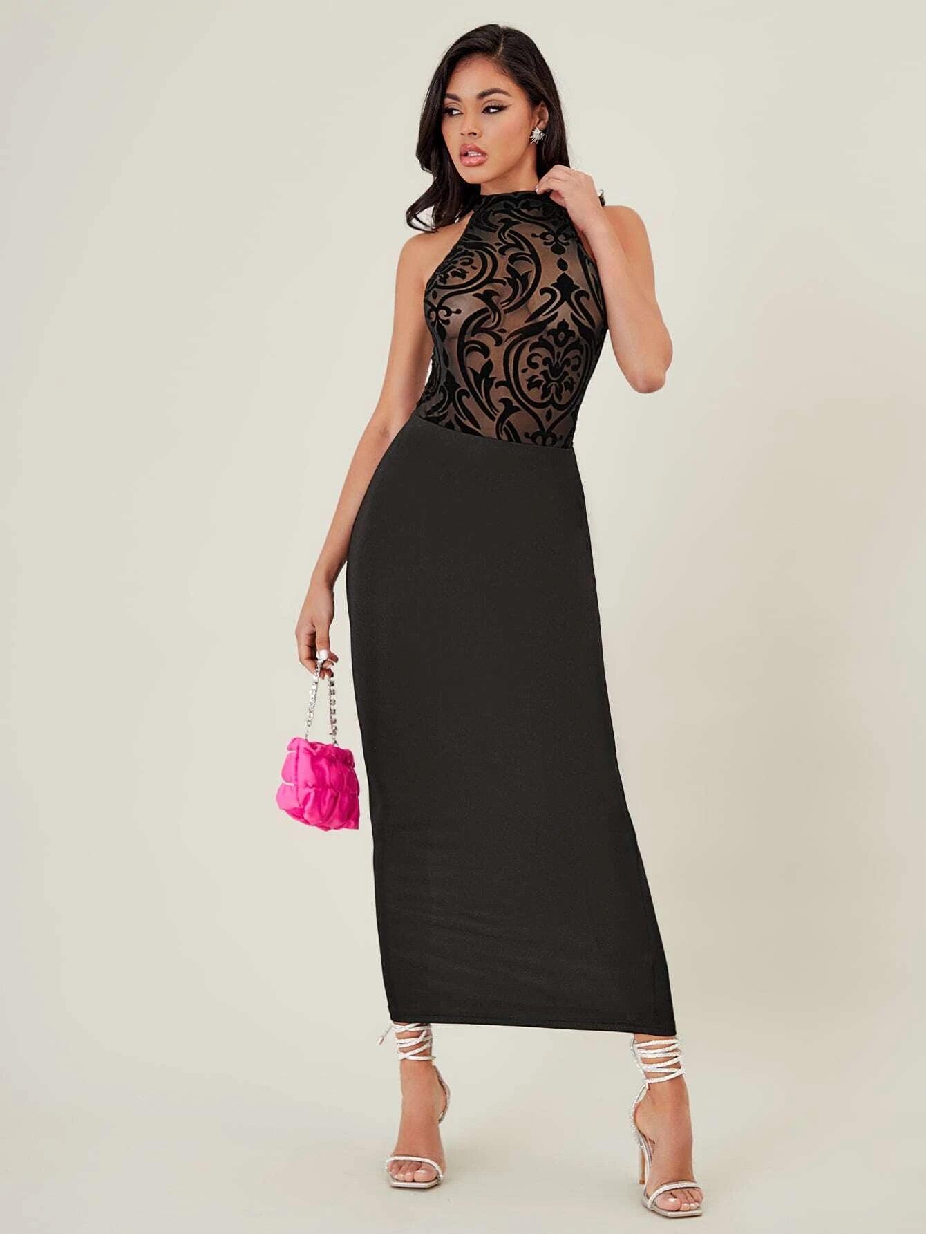 Neck Flocked Sheer Mesh Bodysuit-Comfy Jumpsuits