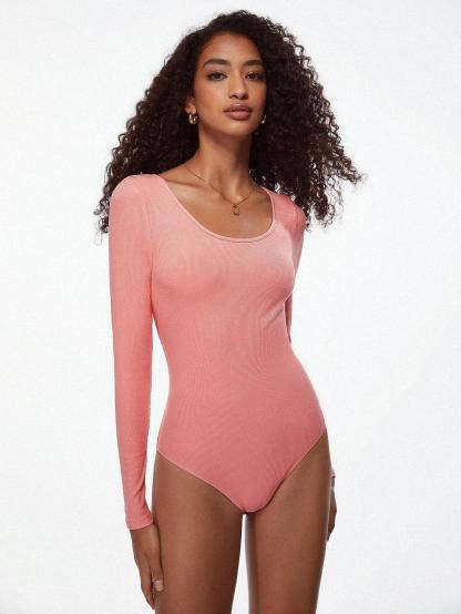 Cotton Solid Scoop Neck Bodysuit-Comfy Jumpsuits