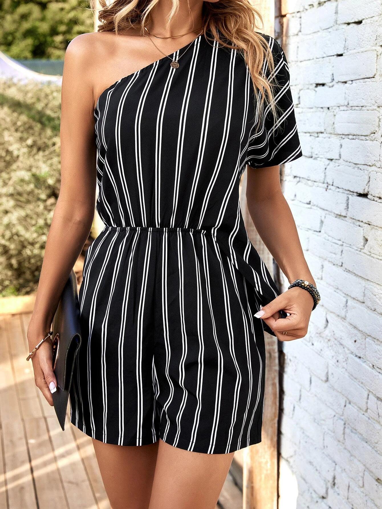 Striped One Shoulder Batwing Sleeve Romper-Comfy Jumpsuits
