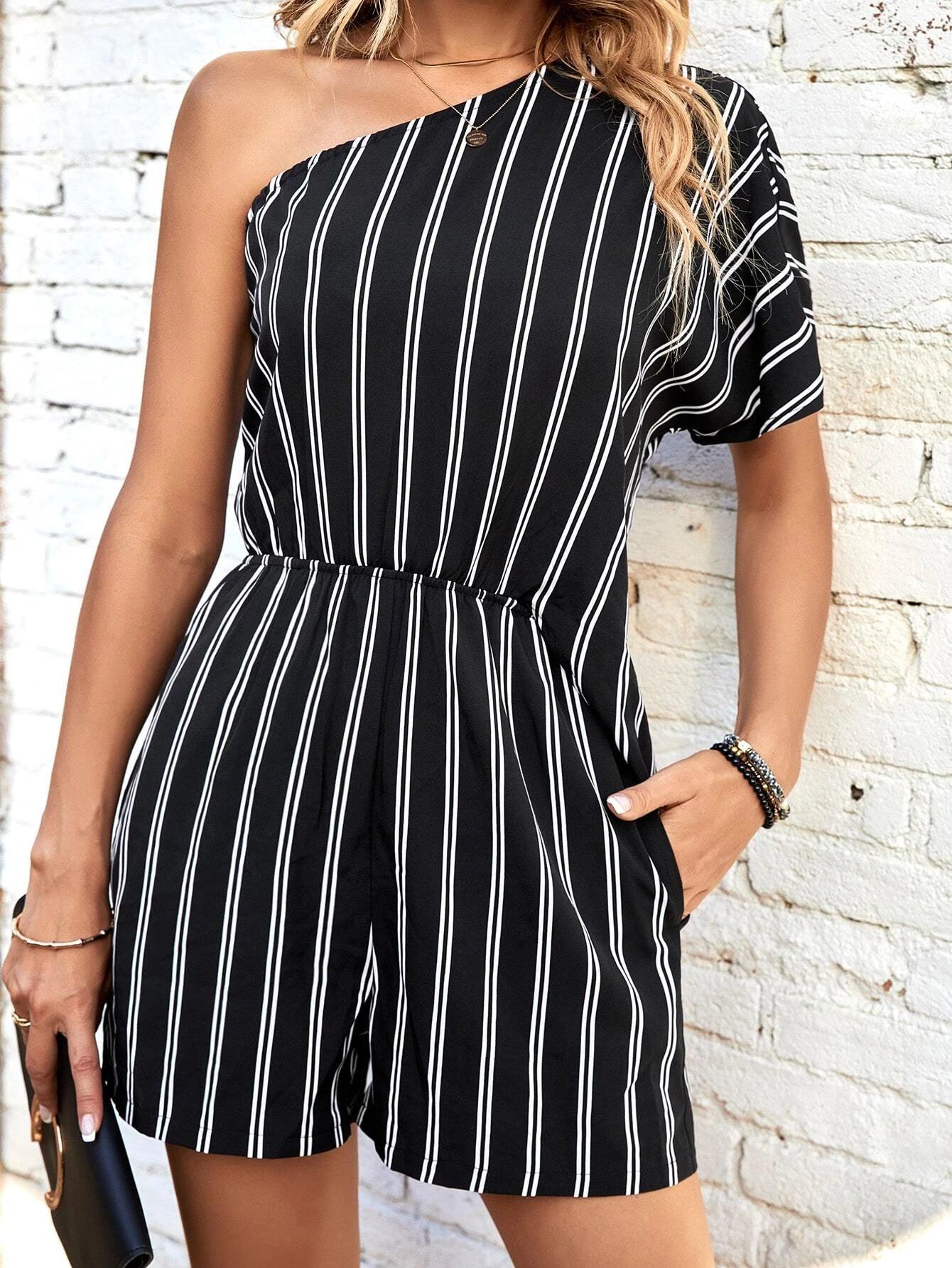 Striped One Shoulder Batwing Sleeve Romper-Comfy Jumpsuits